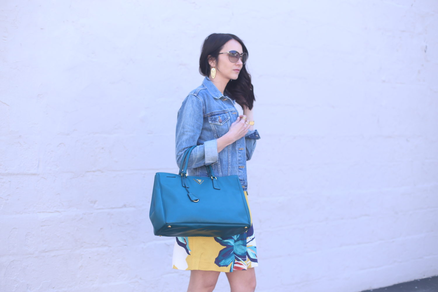 Tom Ford sunglasses, denim jacket, spring skirt