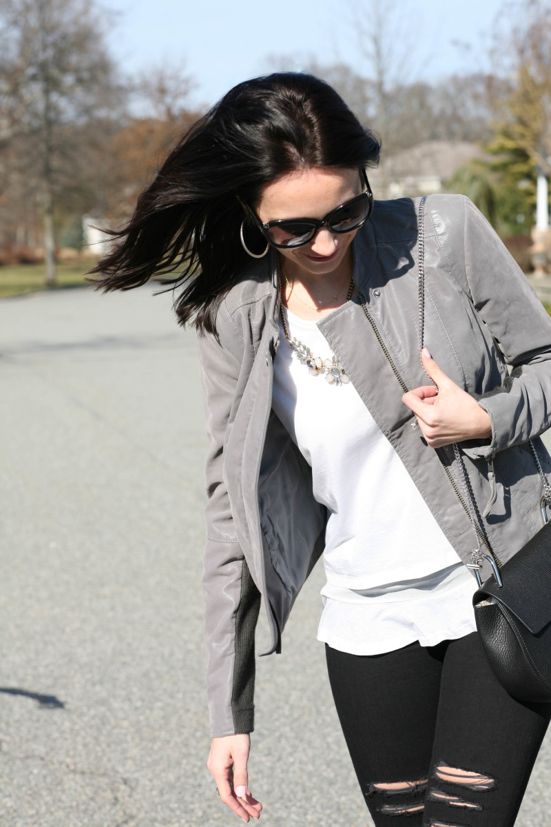 spring fashion, necklace, grey suede jacket