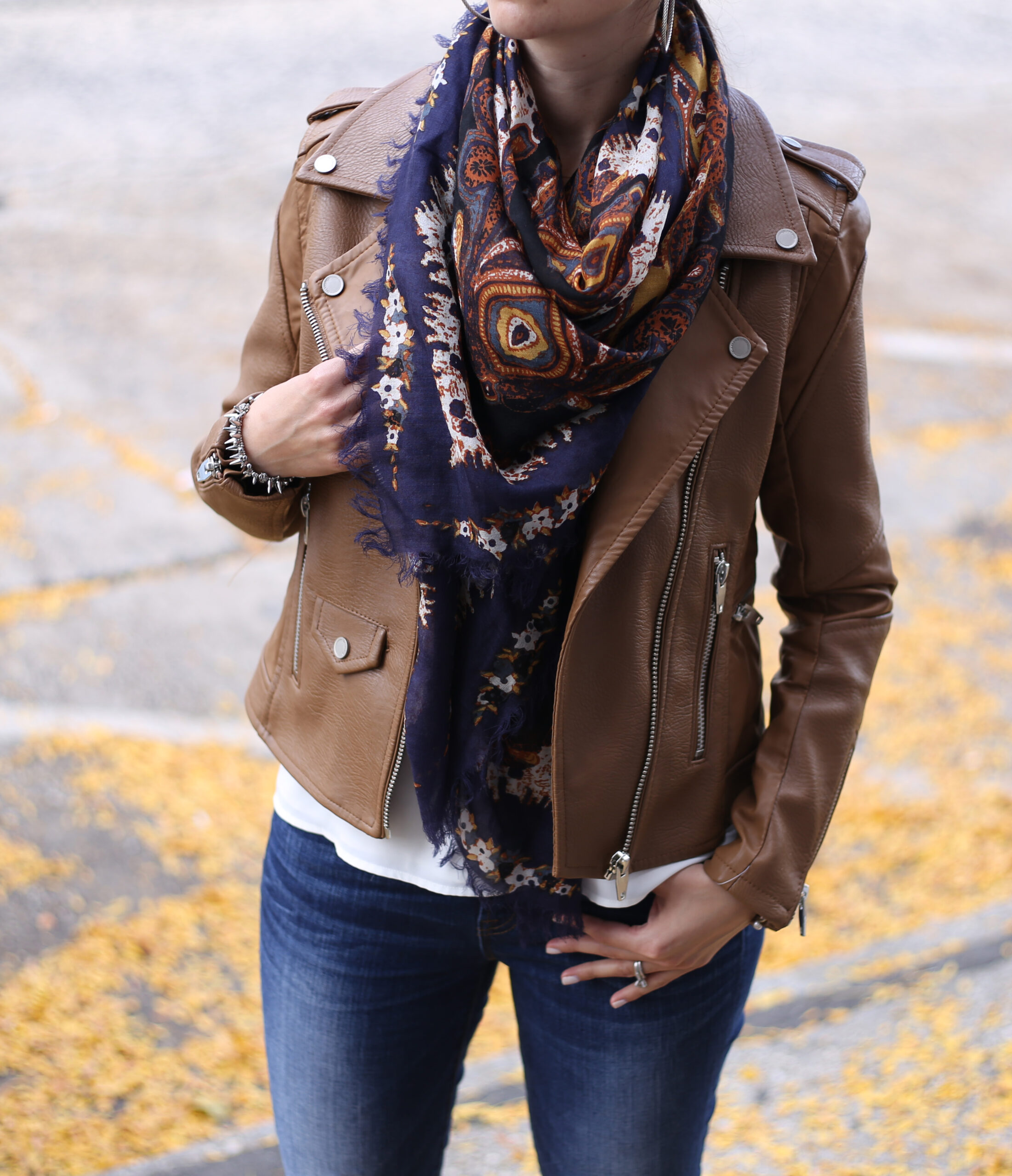 Faux Leather Moto and Paisley Print Scarf