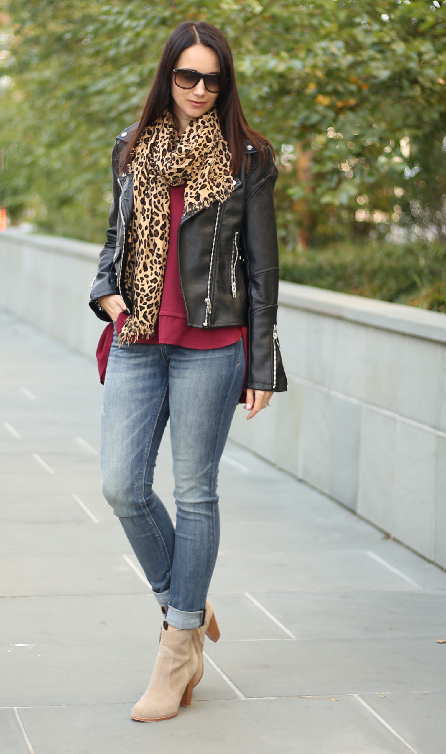 black leather moto leopard scarf