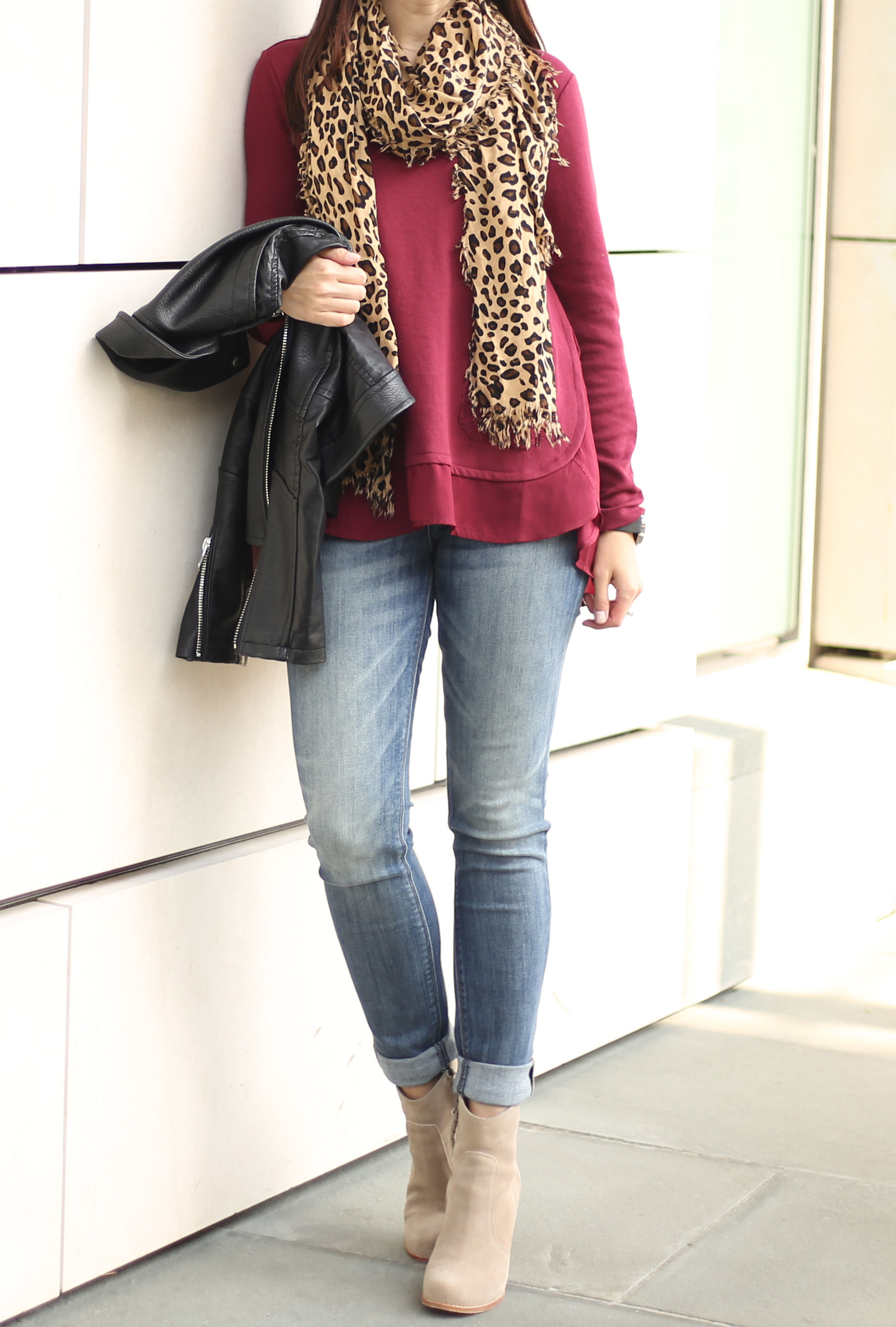 burgundy top leopard scarf fall look