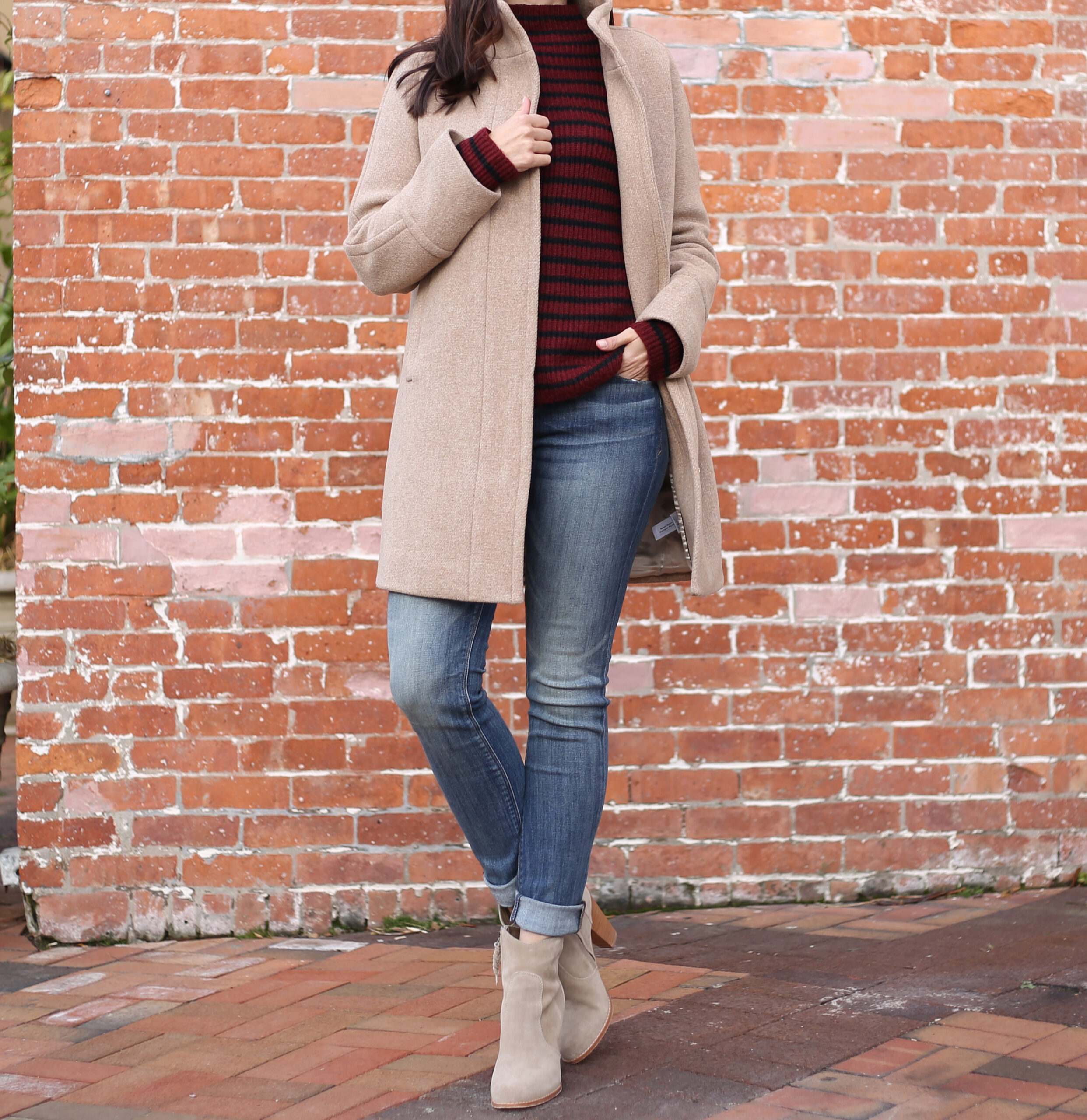 Anna Monteiro of blushing rose style blog wearing j.crew cocoon coat, express sweater and splendid booties