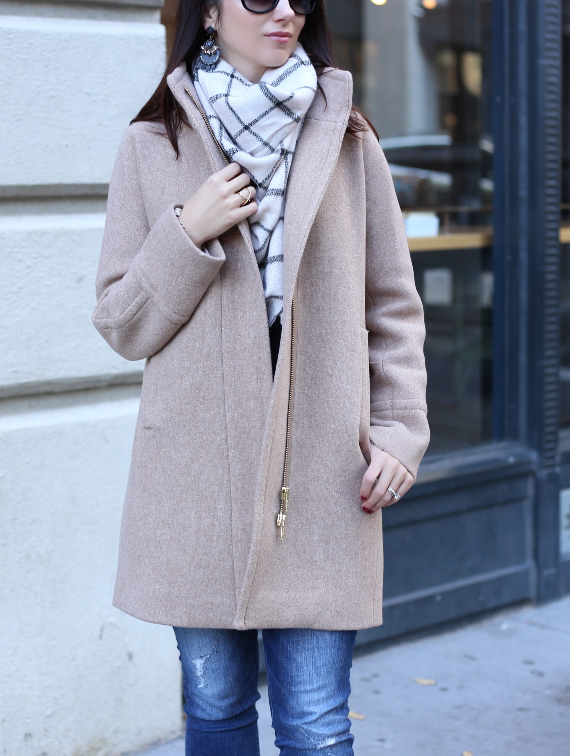 lifestyle blogger Anna Monteiro in J. Crew cocoon coat and BP. blanket scarf