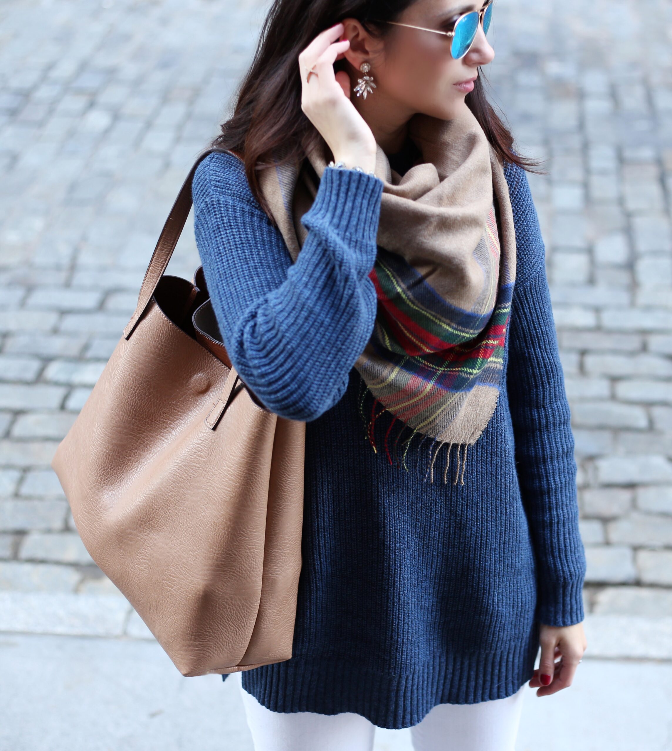 Anna Monteiro of Blushing Rose Style wearing Street Level reversible tote and BP. mock neck sweater and plaid scarf