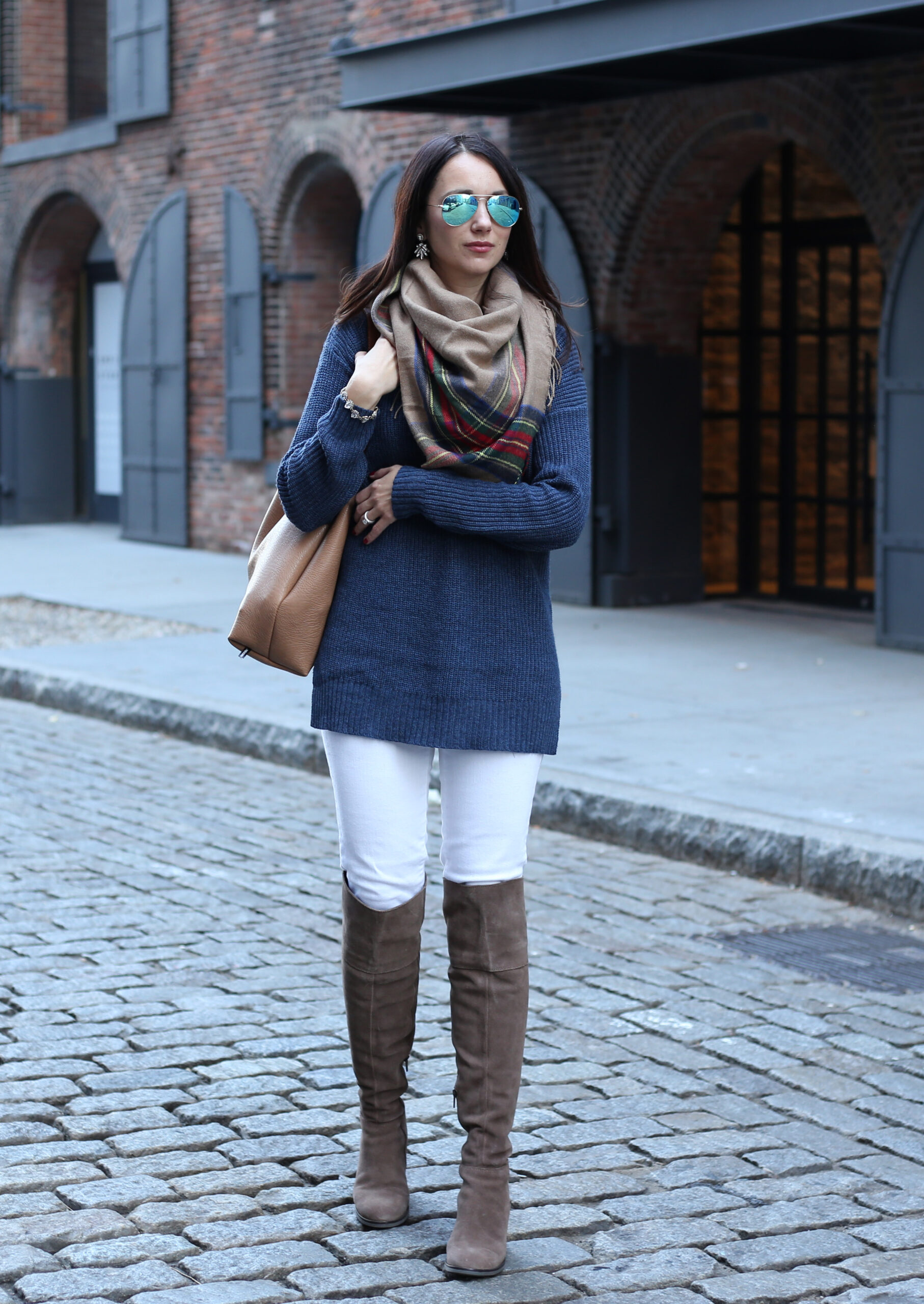 blogger Anna Monteiro of Blushing Rose Style wearing BP. mock neck sweater from Nordstrom, plaid blanket scarf and Steve Madden over the knee boots