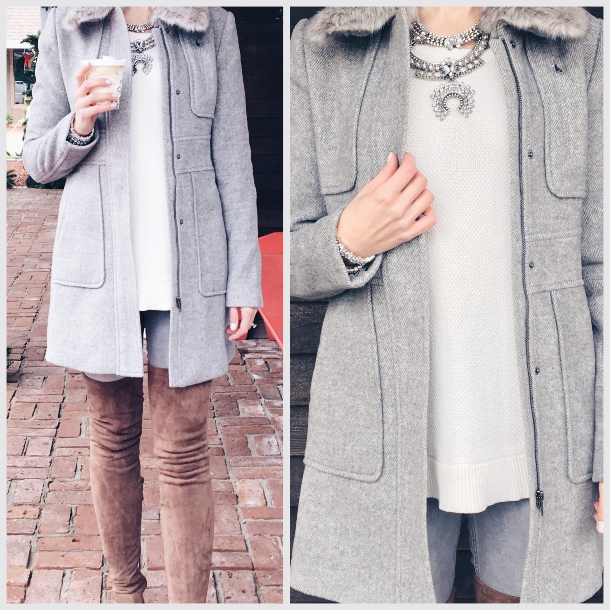 blogger Anna Monteiro of Blushing Rose Style blog wearing LOFT winter coat and Goodnight Macaroon over the knee boots, and BaubleBar bib neckalce