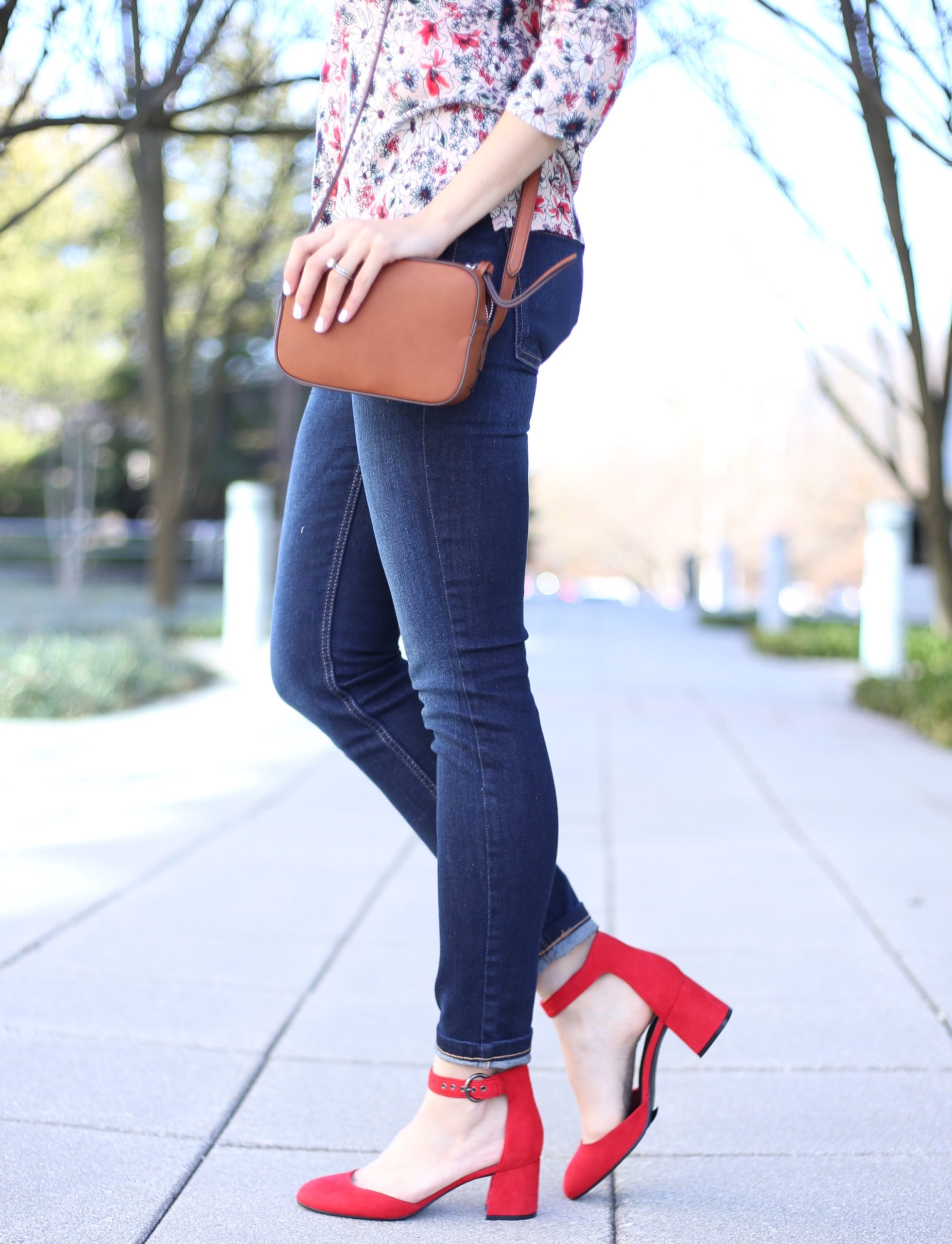 blogger Anna Monteiro of Blushing Rose Style wearing affordable red mary jane shoes from Marks and Spencer