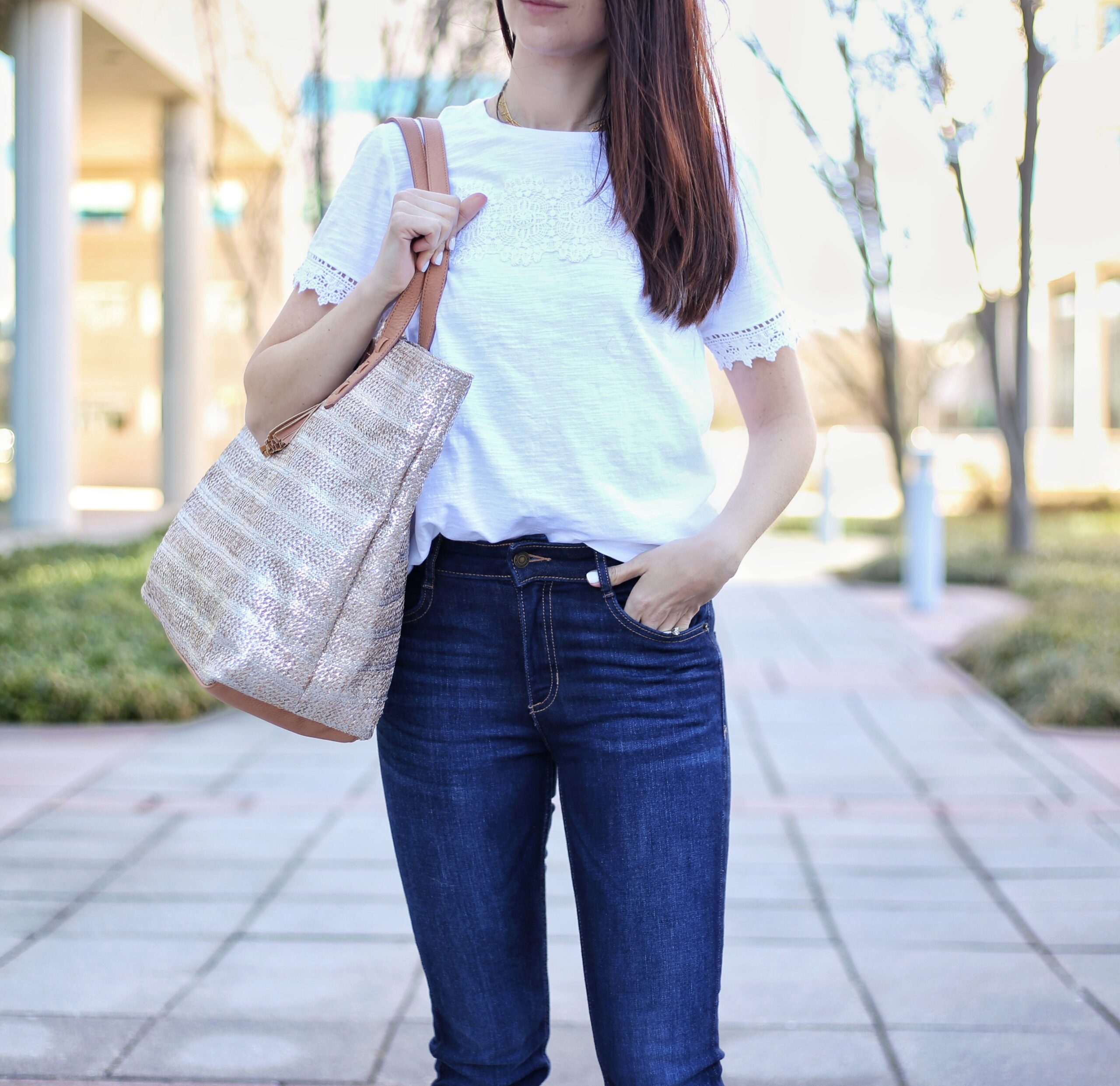 blogger Anna Monteiro of Blushing Rose Style wearing metallic tote from Marks & Spencer