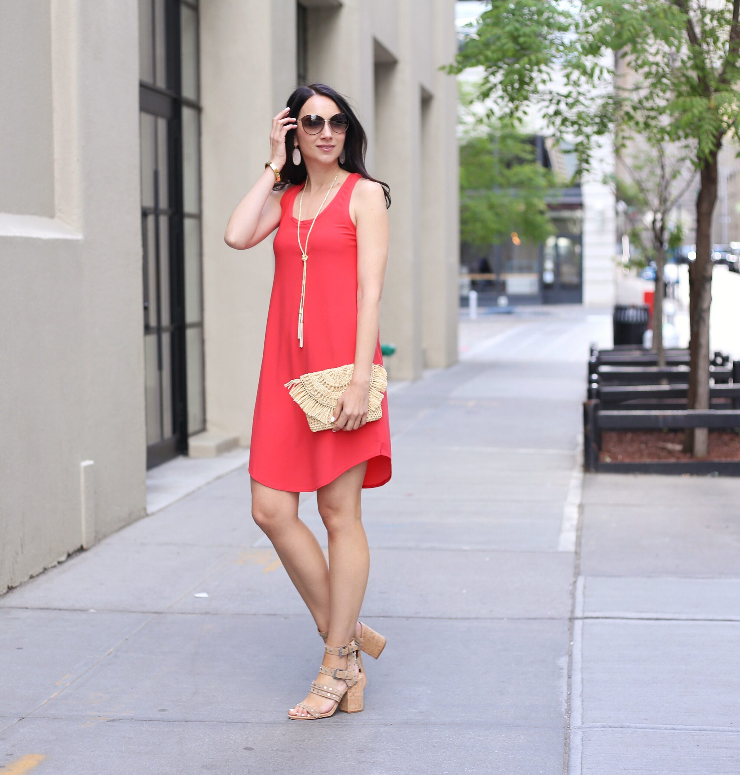blogger Anna Monteiro wearing Leith tank dress Dolce Vita block heel cork sandals and Tom Ford sunglasses from Nordstrom
