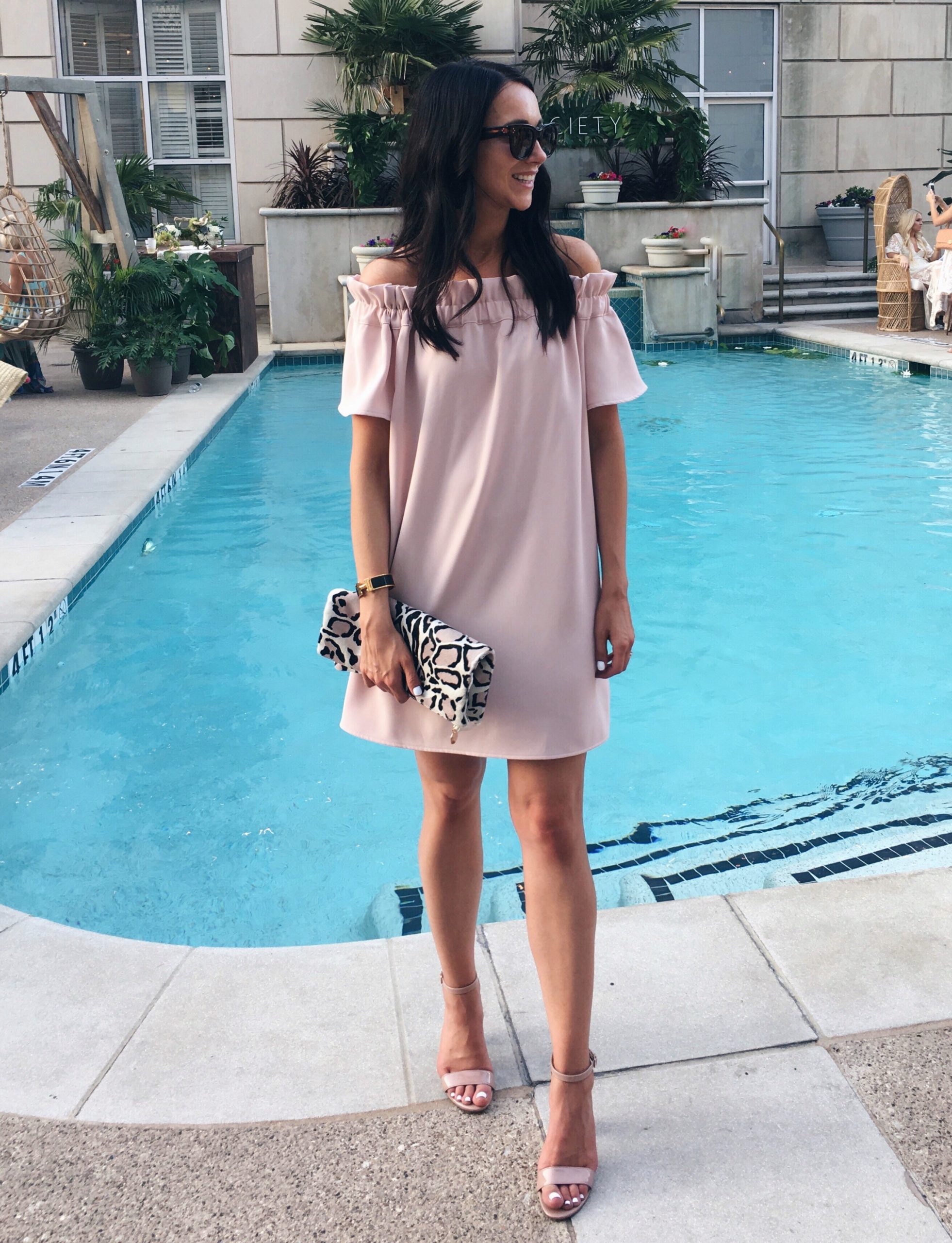 Anna Monteiro of Blushing Rose Style wearing pink off the shoulder dress from Nordstrom Anniversary Sale