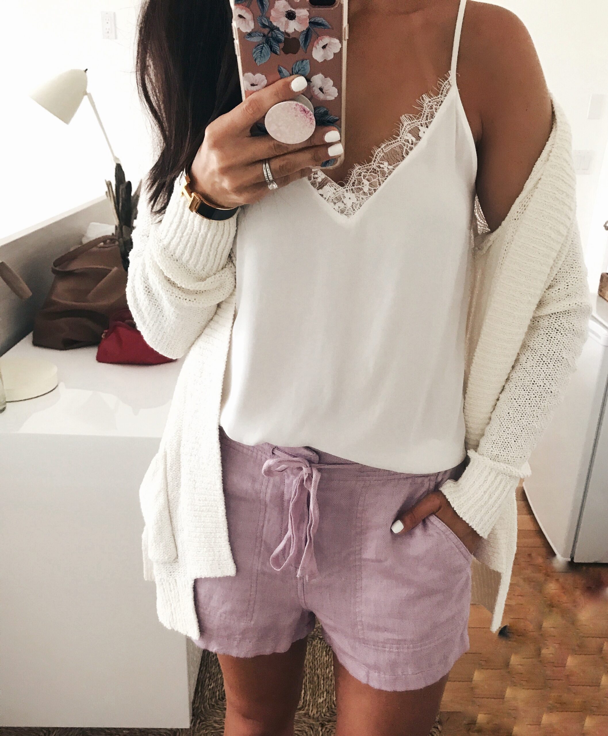 anna monteiro of blushing rose style wearing LOFT cardigan and shorts and Nordstrom Anniversary Sale camisole