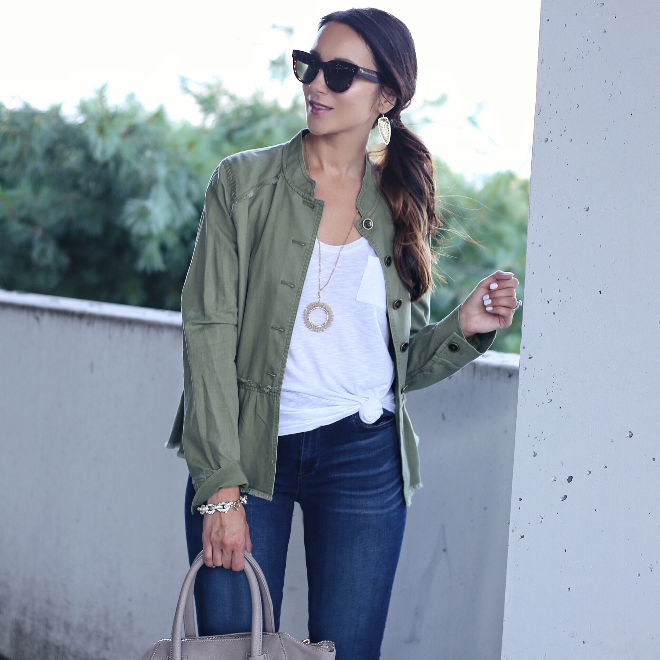 blogger Anna Monteiro of Blushing Rose Style wearing peplum twill jacket from Nordstrom Anniversary Sale 2017