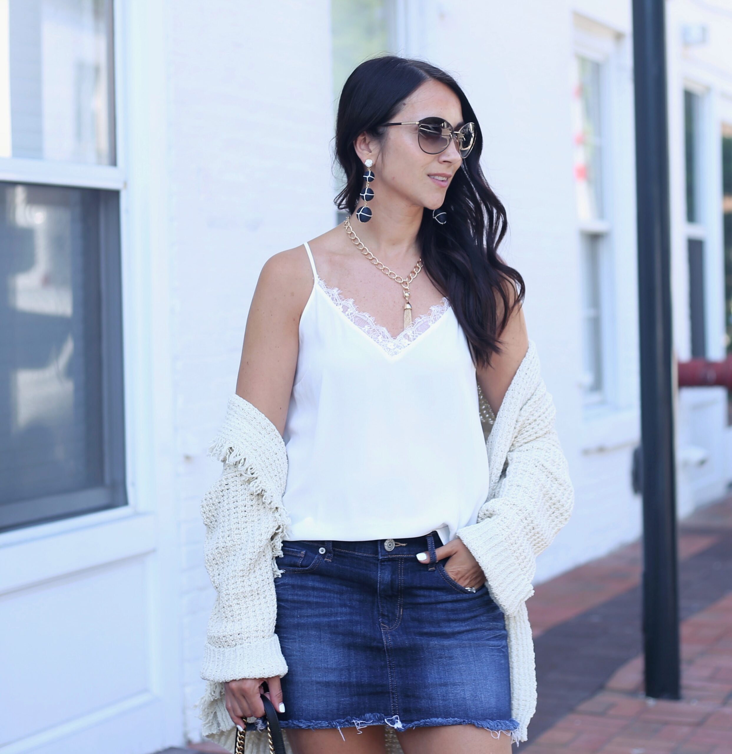 Lace Trim Cami & Denim Skirt