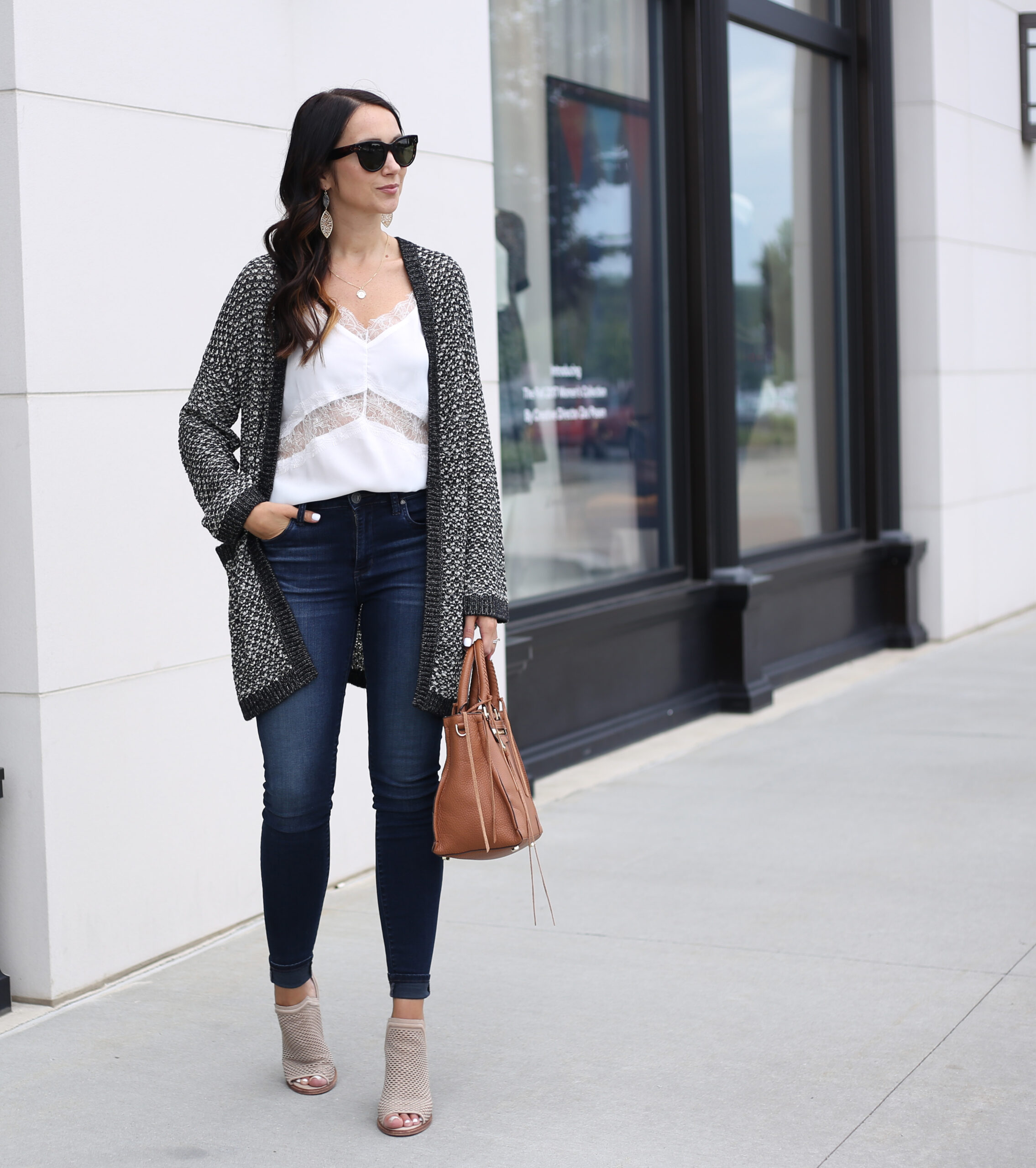 fashion blogger Anna Monteiro of blushing rose style blog wearing perfect fall cardigans caslon textured boyfriend cardigan and lace trim camisole with rebecca minkoff regan satchel from nordstrom