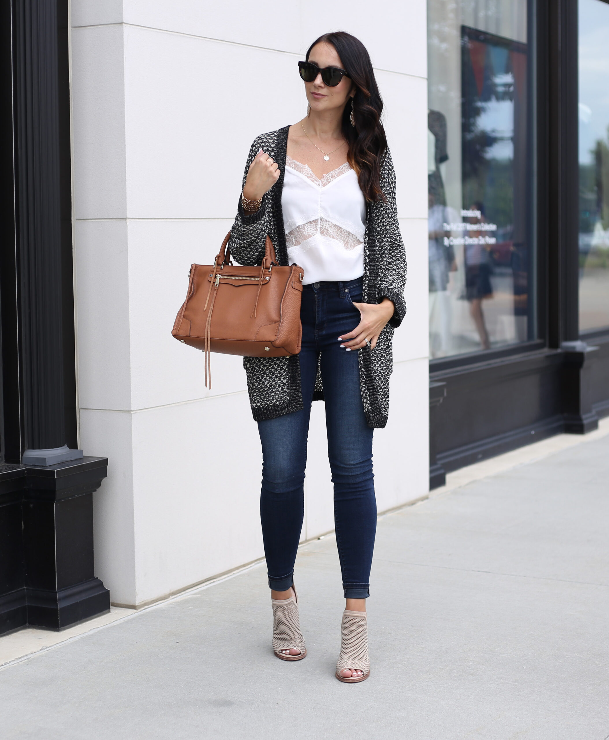 fashion blogger Anna Monteiro of blushing rose style wearing perfect fall cardigans and rebecaa minkoff regan satchel from nordstrom