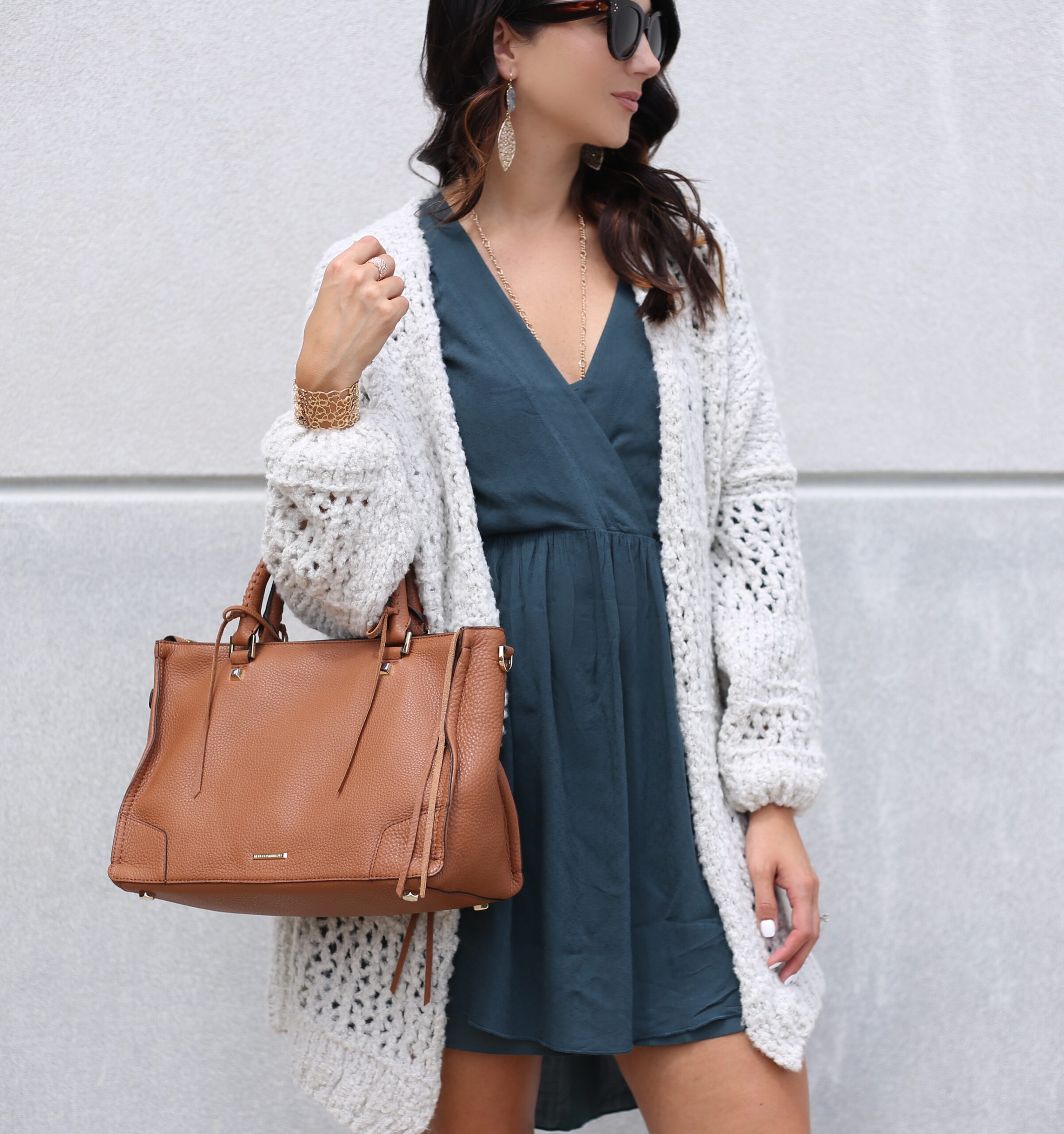 fashion blogger Anna Monteiro of Blushing Rose Style blog wearing perfect fall cardigans free people saturday morning cardigan and hinge babydoll dress from nordstrom