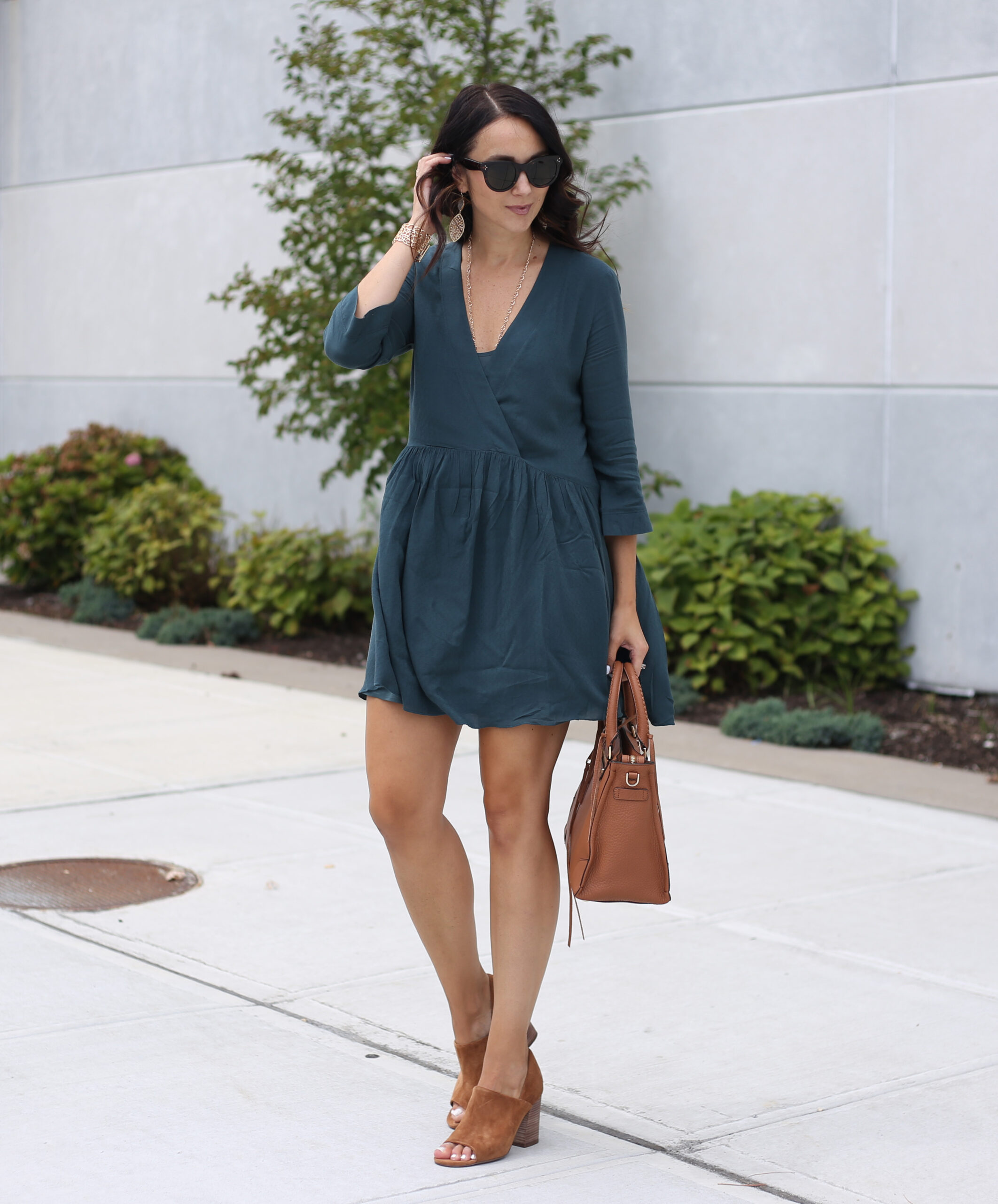 fashion blogger Anna Monteiro of blushing rose style blog wearing perfect fall cardigans and hinge babydoll dress from nordstrom with rebecca minkoff regan satchel