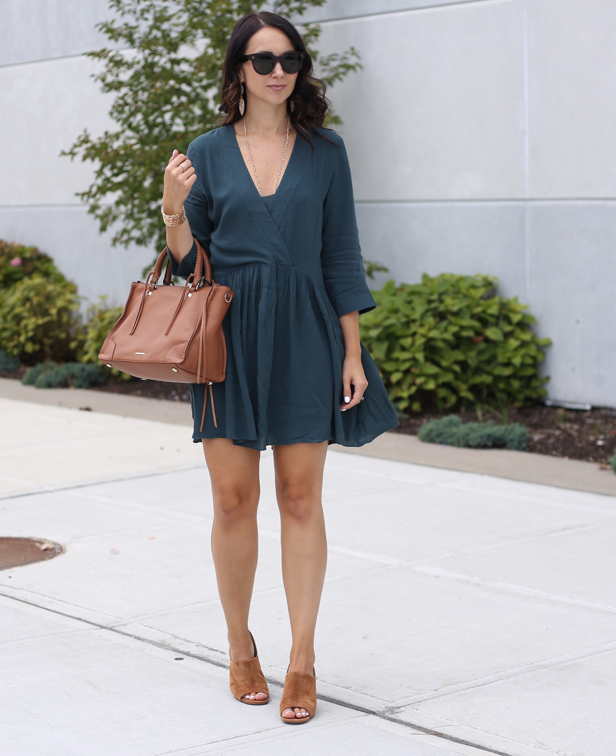 fashion blogger Anna Monteiro of Blushing ROse Style blog wearing perfect fall cardigans and hinge baby doll dress in green gables from nordstrom