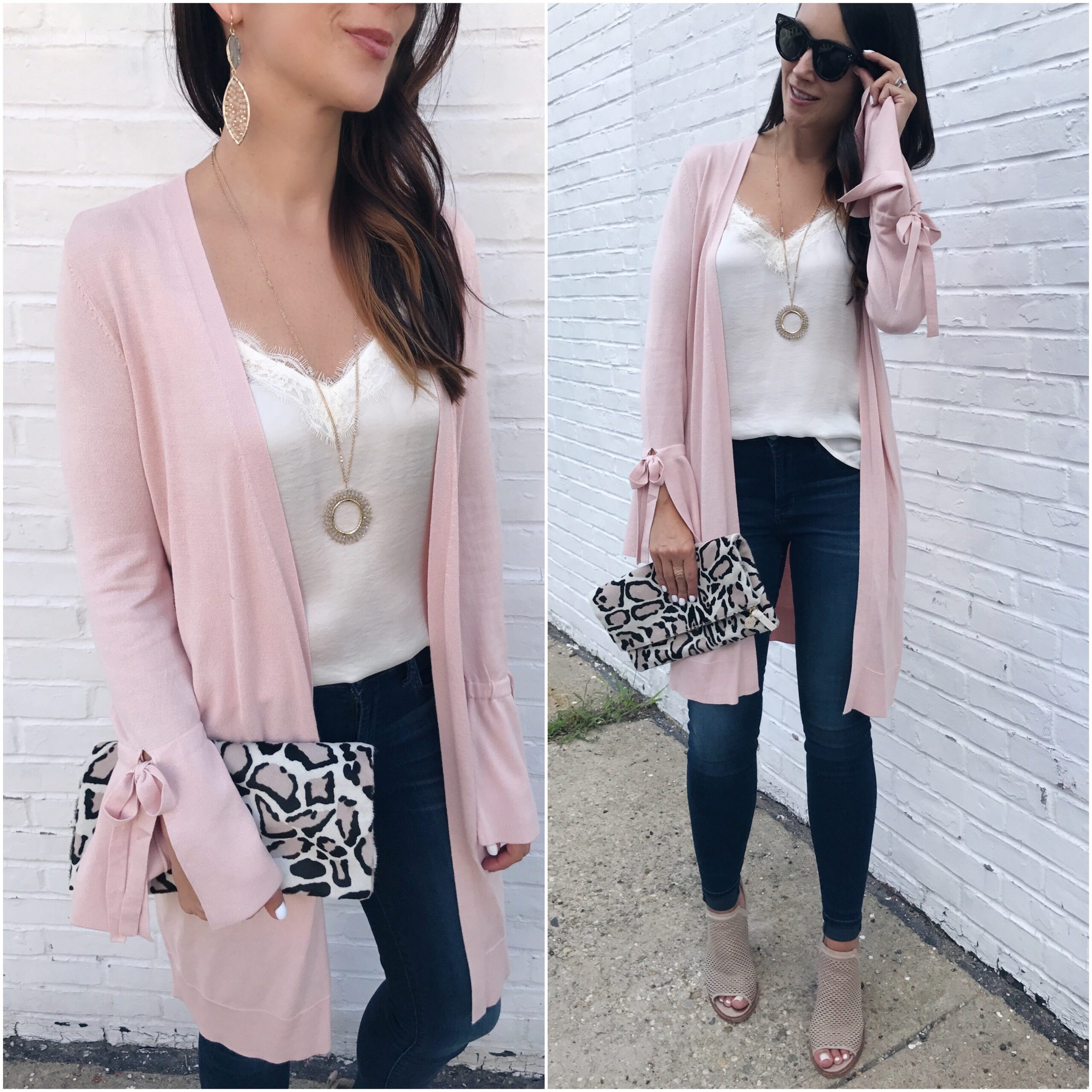 fashion blogger Anna Monteiro of Blushing Rose STyle wearing halogen tie sleeve cardigan in pink smoke clare v leopard clutch and lace trim camisole from nordstrom in summer to fall outfits