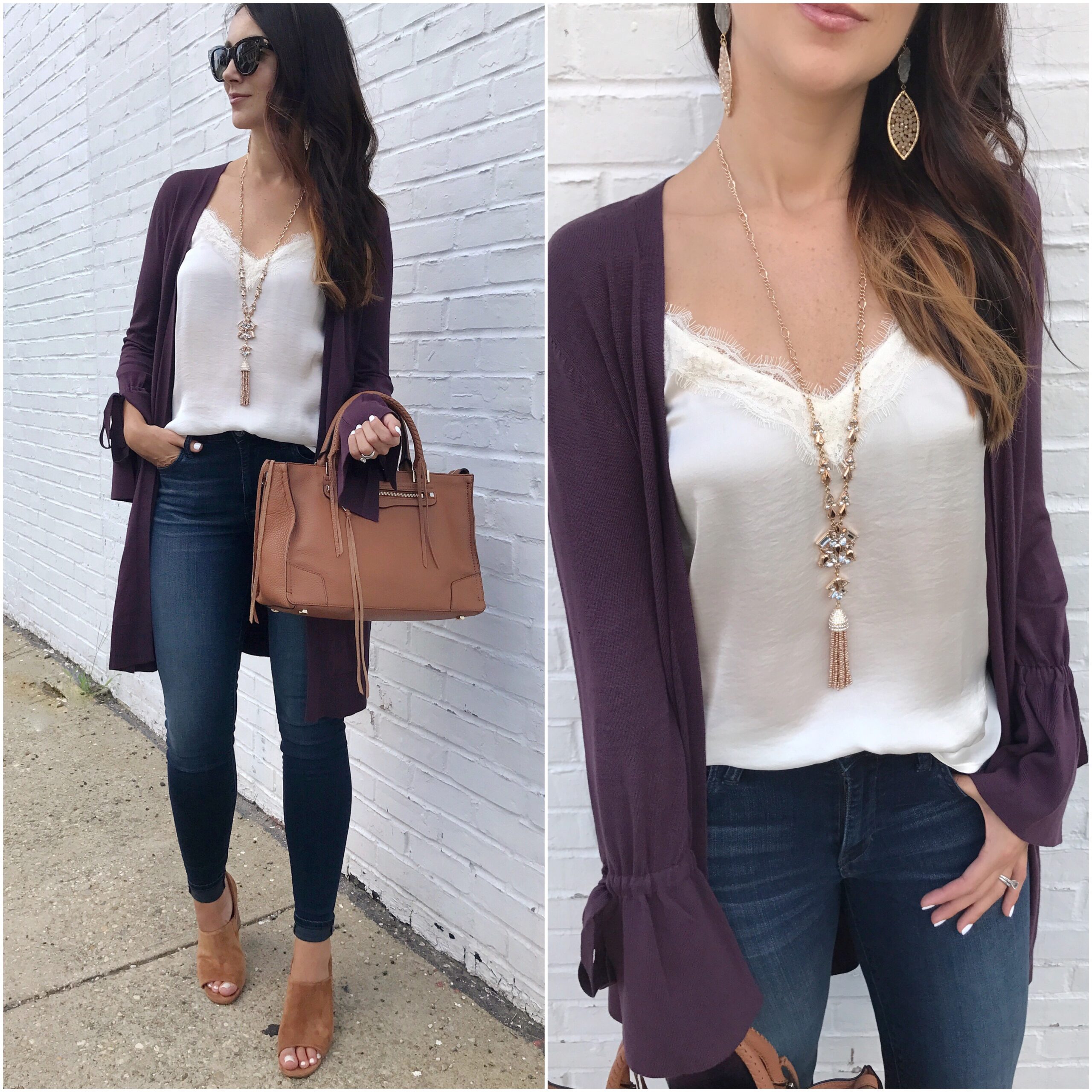 fashion blogger Anna Monteiro of Blushing Rose Style wearing tie sleeve halogen lace trim camisole and rebecca minkoff satchel in summer to fall outfits from nordstrom