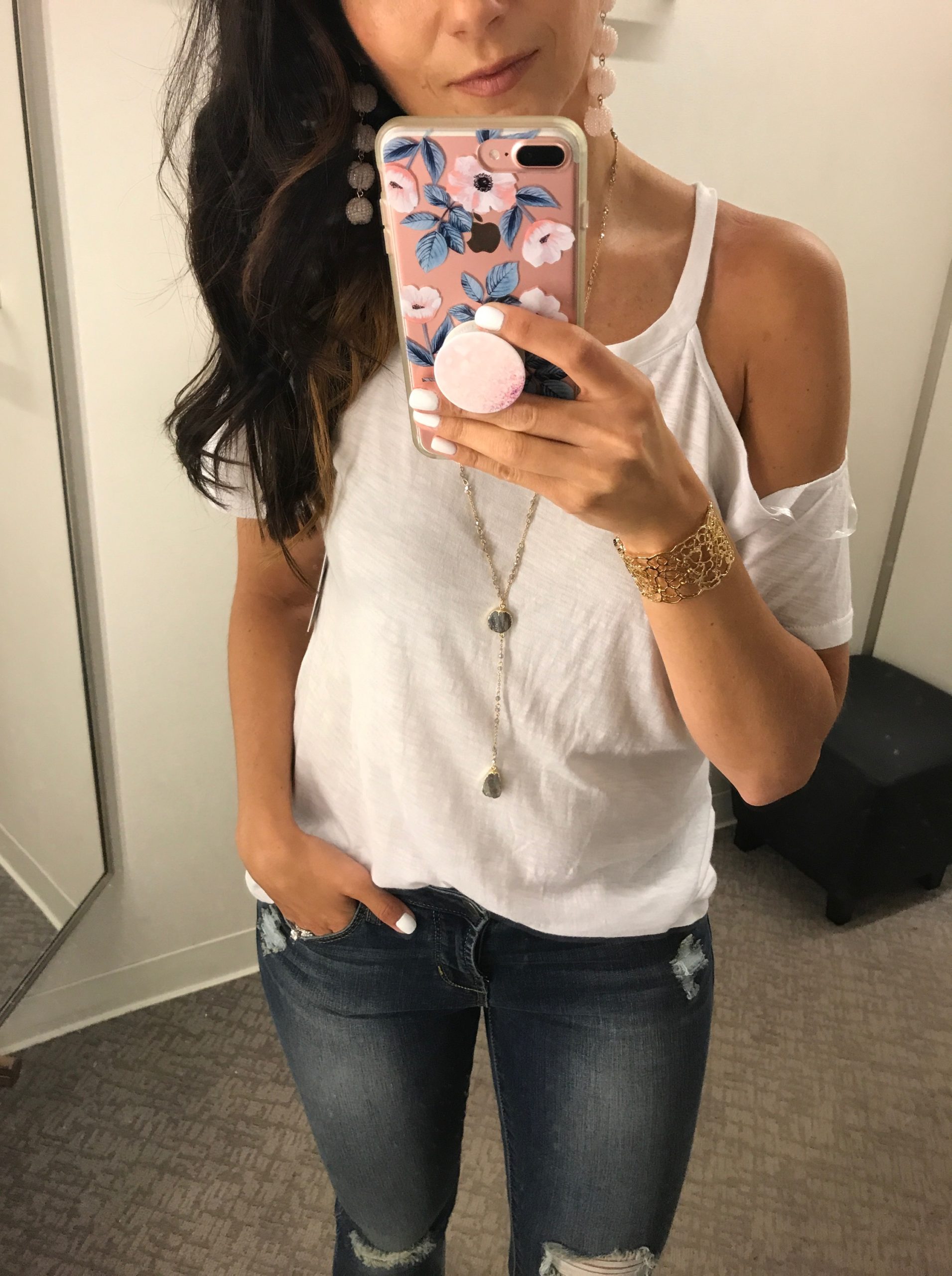 Anna Monteiro of Blushing ROse STyle fashion blog wearing BP cold shoulder tee from Nordstrom Anniversary Sale