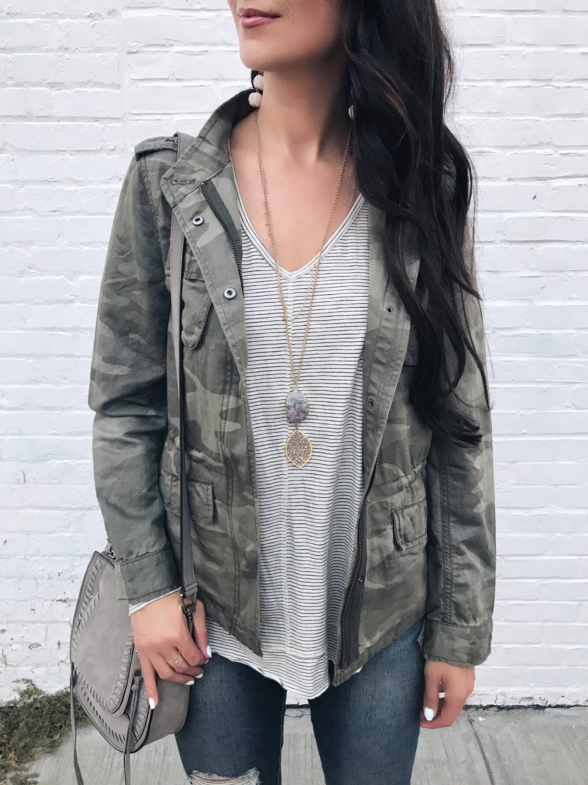 blogger Anna Monteiro of Blushing Rose STyle blog wearing LOFT camouflage jacket from labor day weekend sale round up