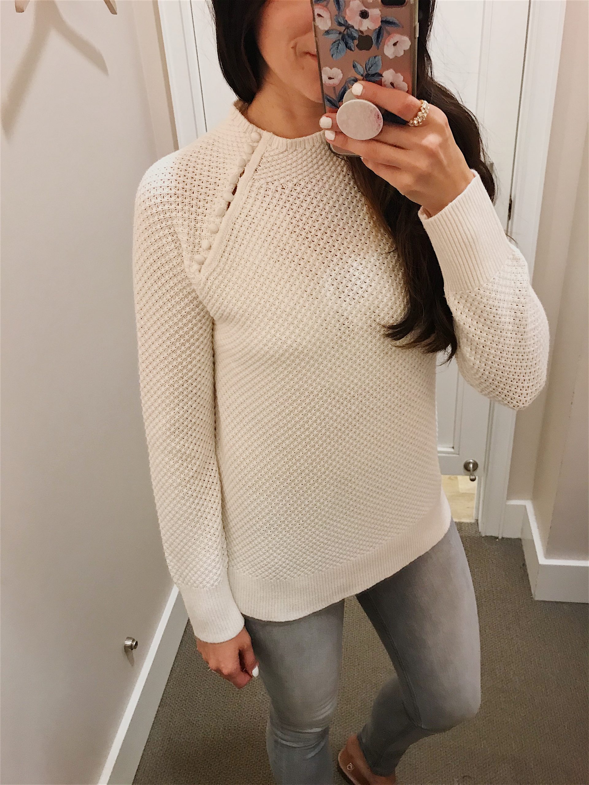 white cozy mock neck sweater in cute fall outfit for fall