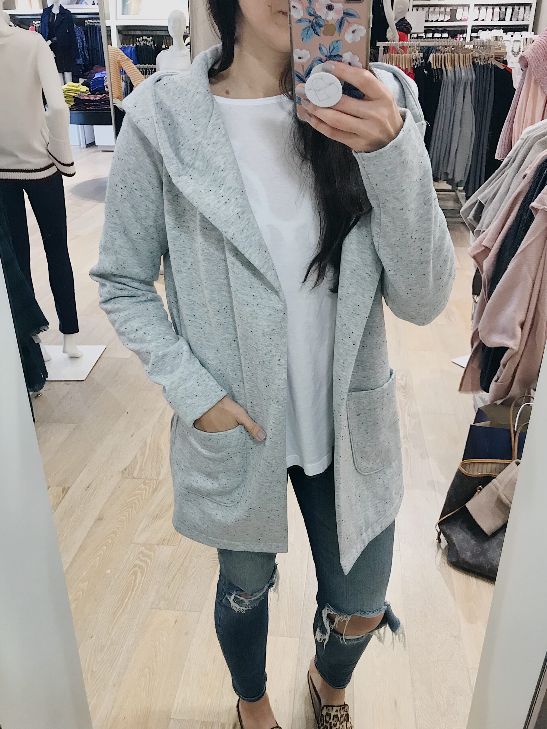 grey hooded knit open cardigan