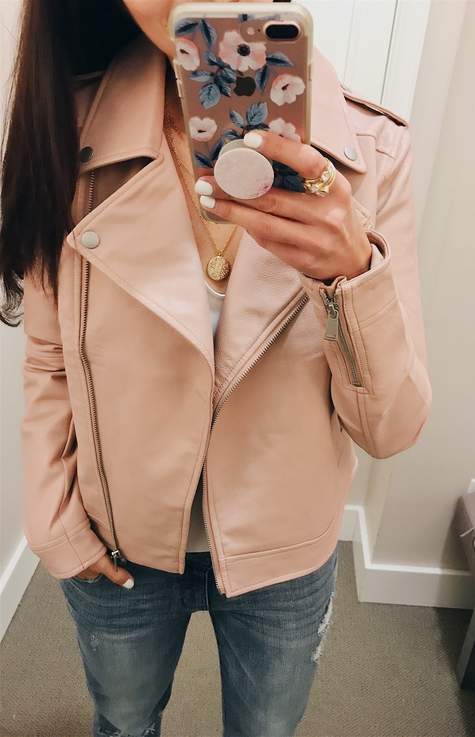 blogger Anna Monteiro of Blushing Rose Style wearing perfect fall jacket blush pink faux leather moto