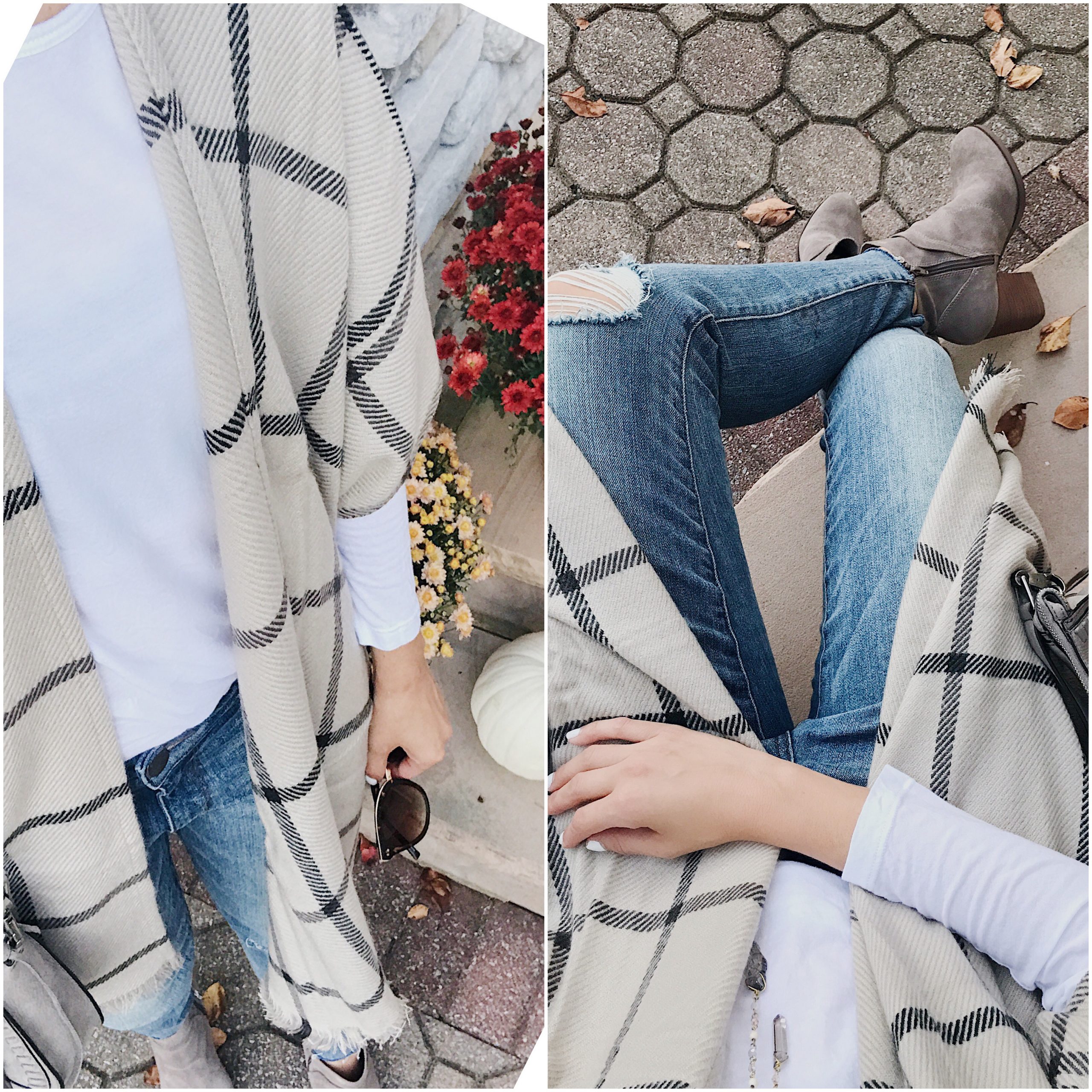 Anna Monteiro of blushing rose style blog wearing cozy fall outfit plaid poncho and booties