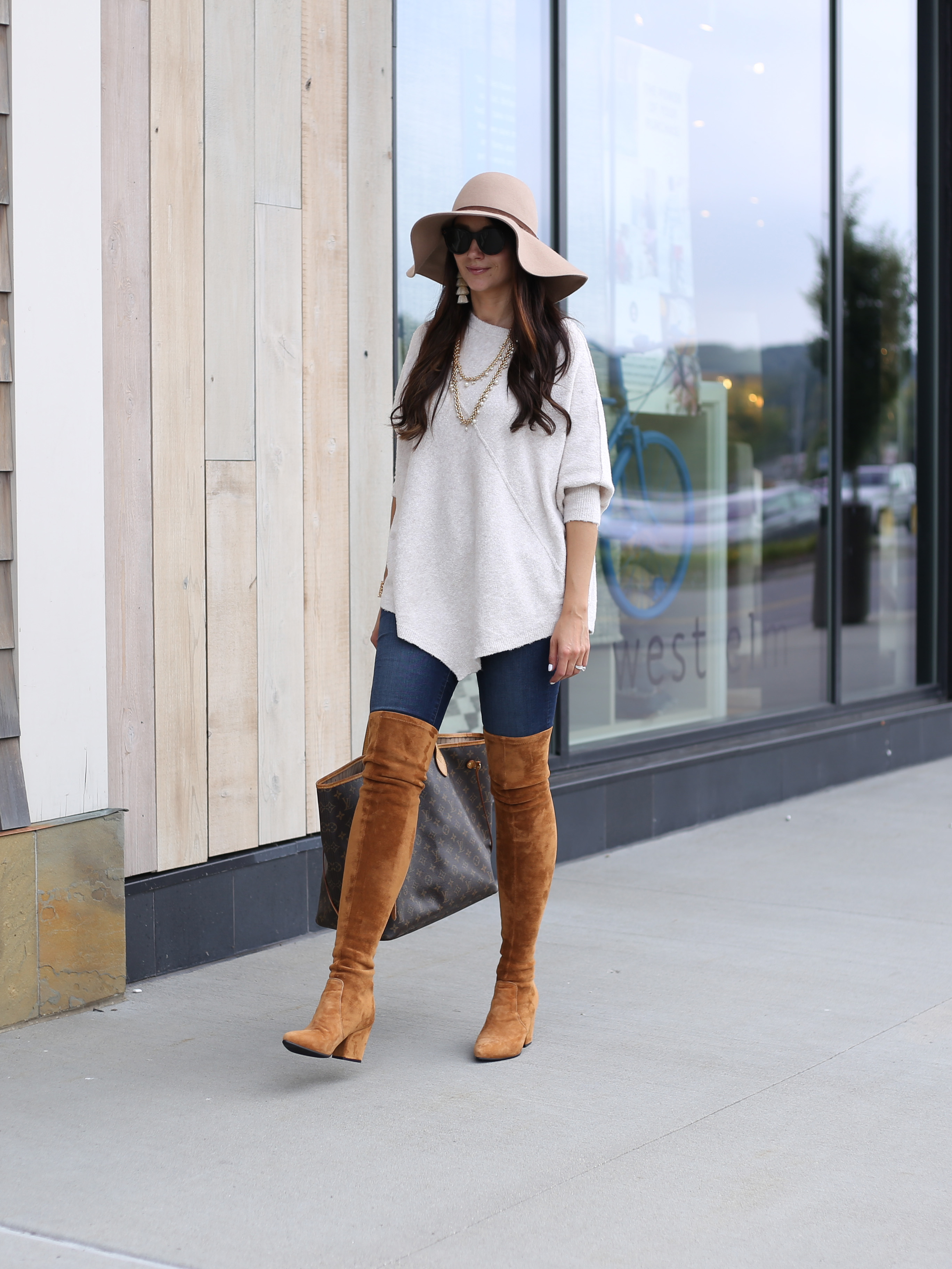 blogger Anna Monteiro wearing Poncho for Fall and over the knee boots