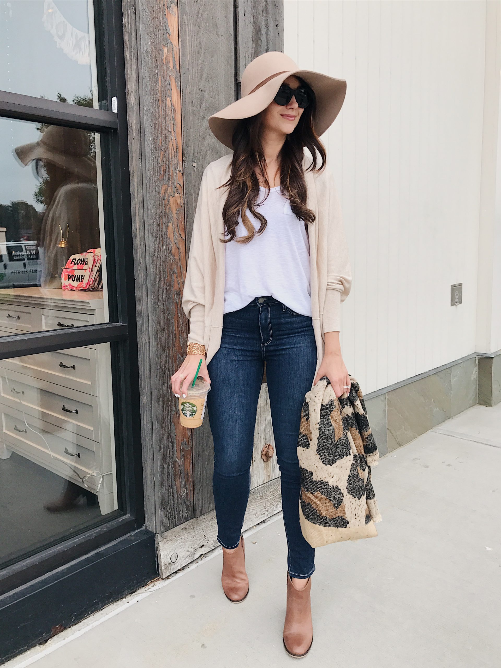 blogger Anna Monteiro of Blushing Rose Style wearing cocoon wrap, floppy hat and paige denim from Nordstrom