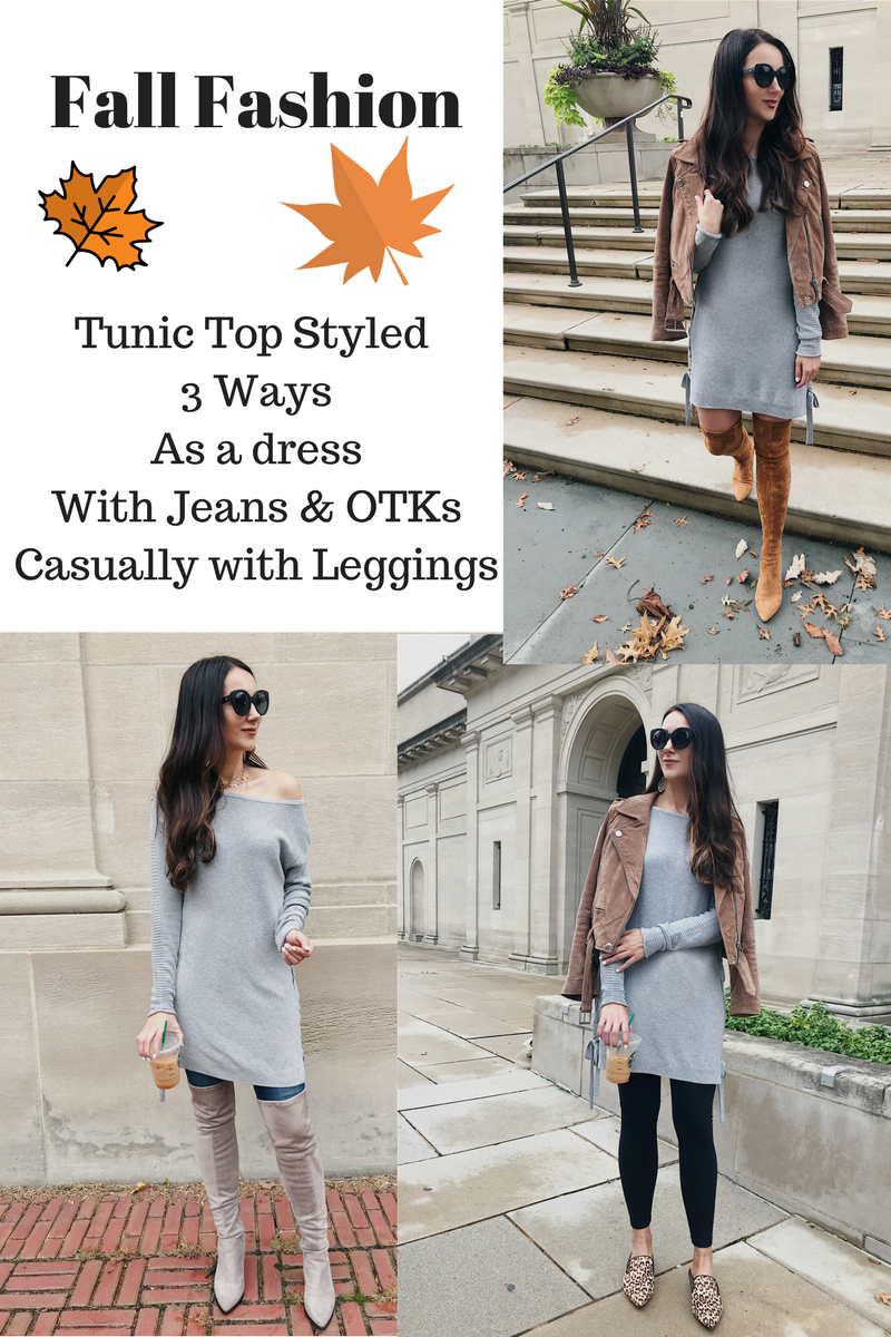 Anna Monteiro of Blushing Rose Style wearing grey sweter dress with suede moto jacket and over the knee boots in tunic top styled 3 ways