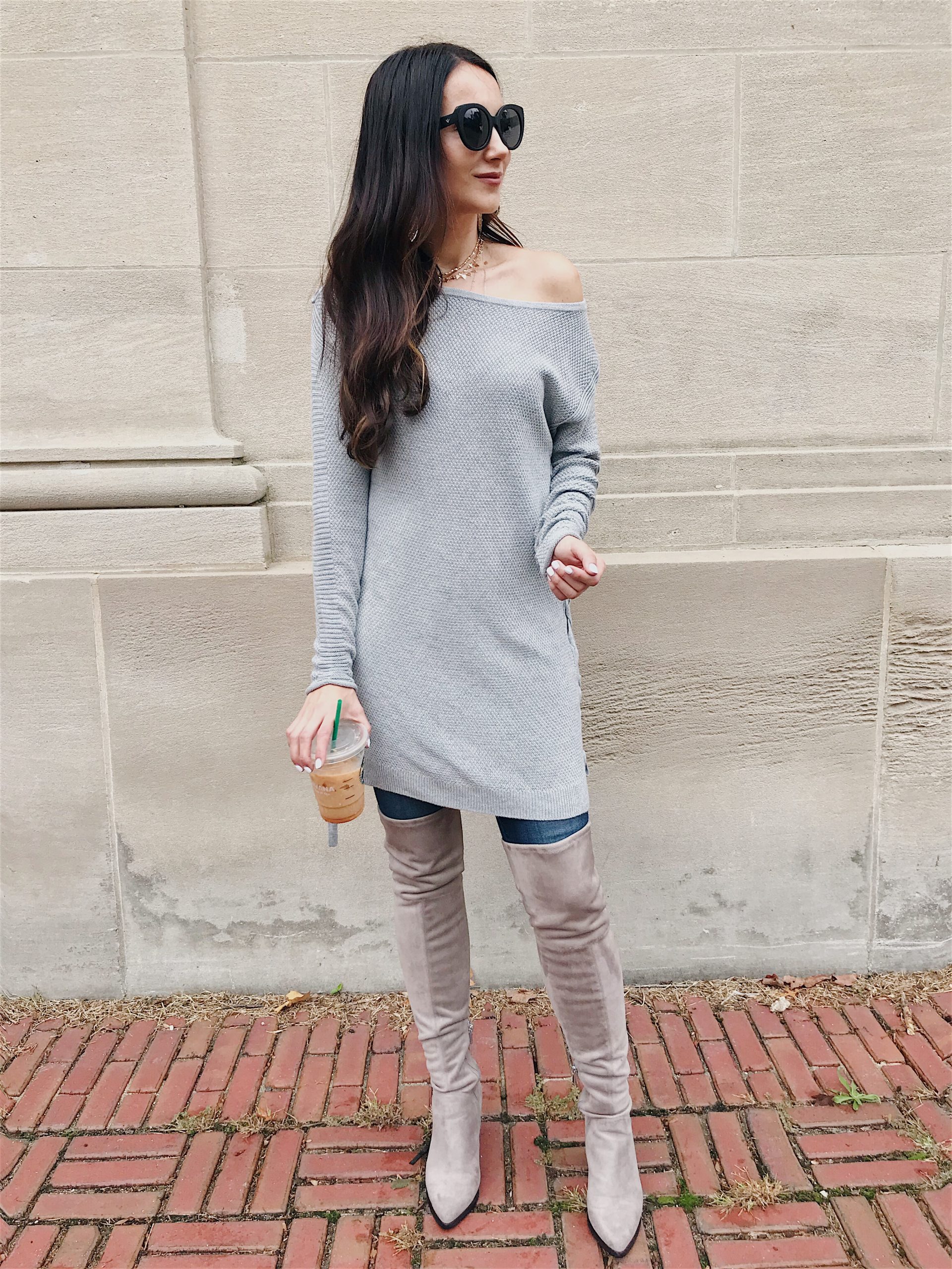 blushing rose style wearing sweater tunic with skinny jeans and grey over the knee boots in tunic top styled 3 ways