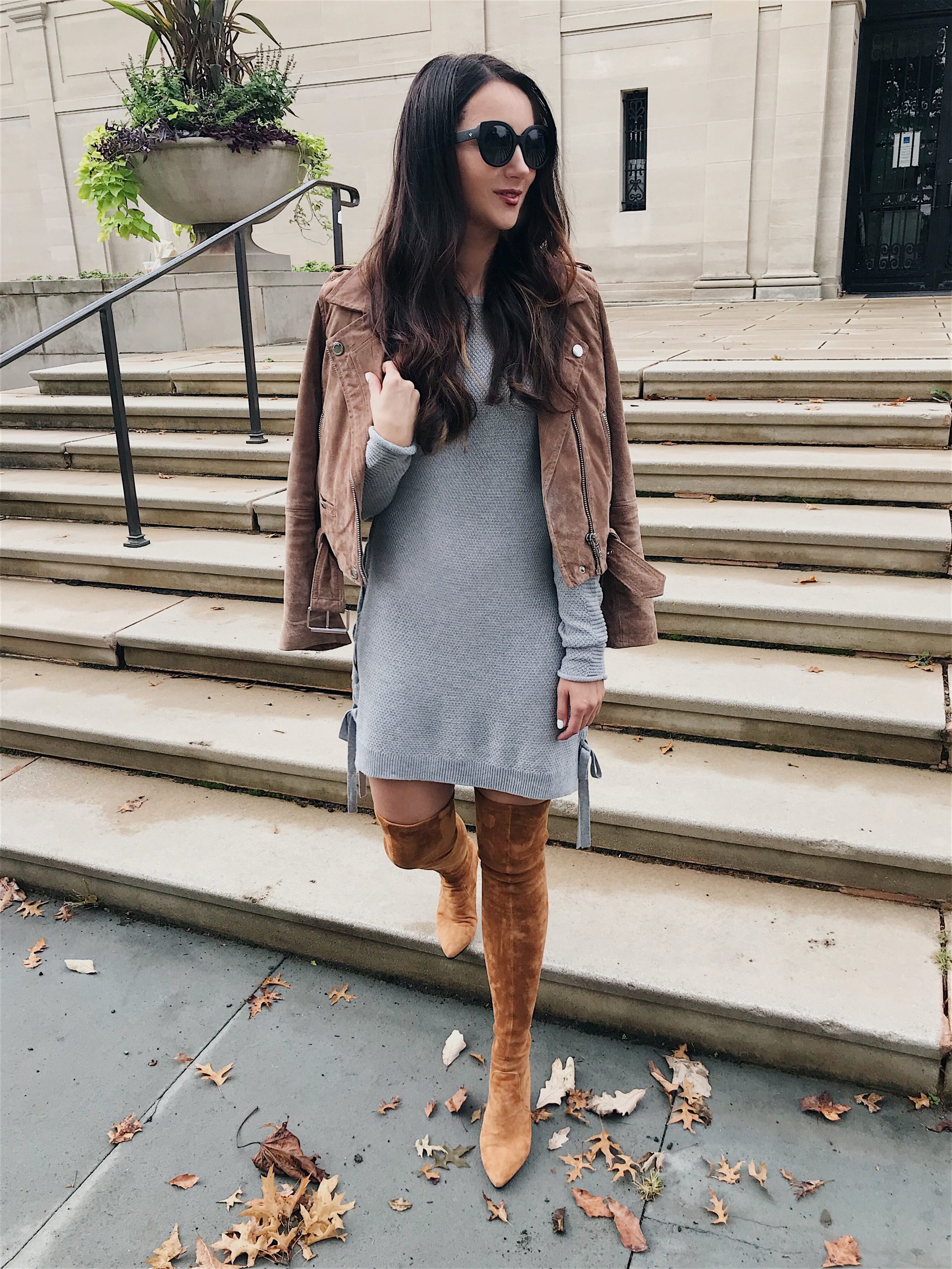 Anna Monteiro of Blushing Rose Style blog wearing tunic with cognac over the knee boots in tunic top styled 3 ways