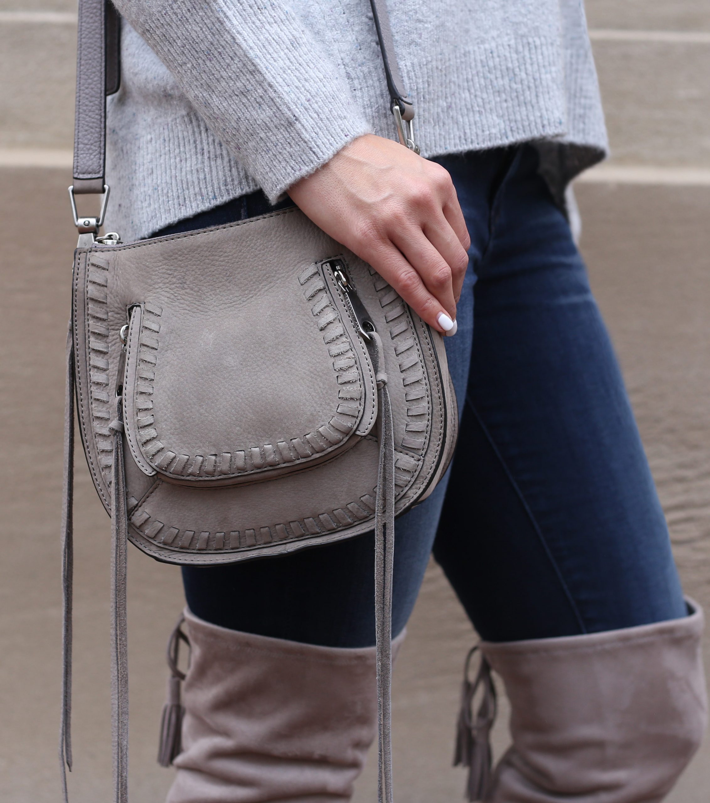 blogger Anna Monteiro of Blushing Rose Style wearing over the knee boots with skinny jeans and rebbecca minkoff bag in cozy fall sweaters