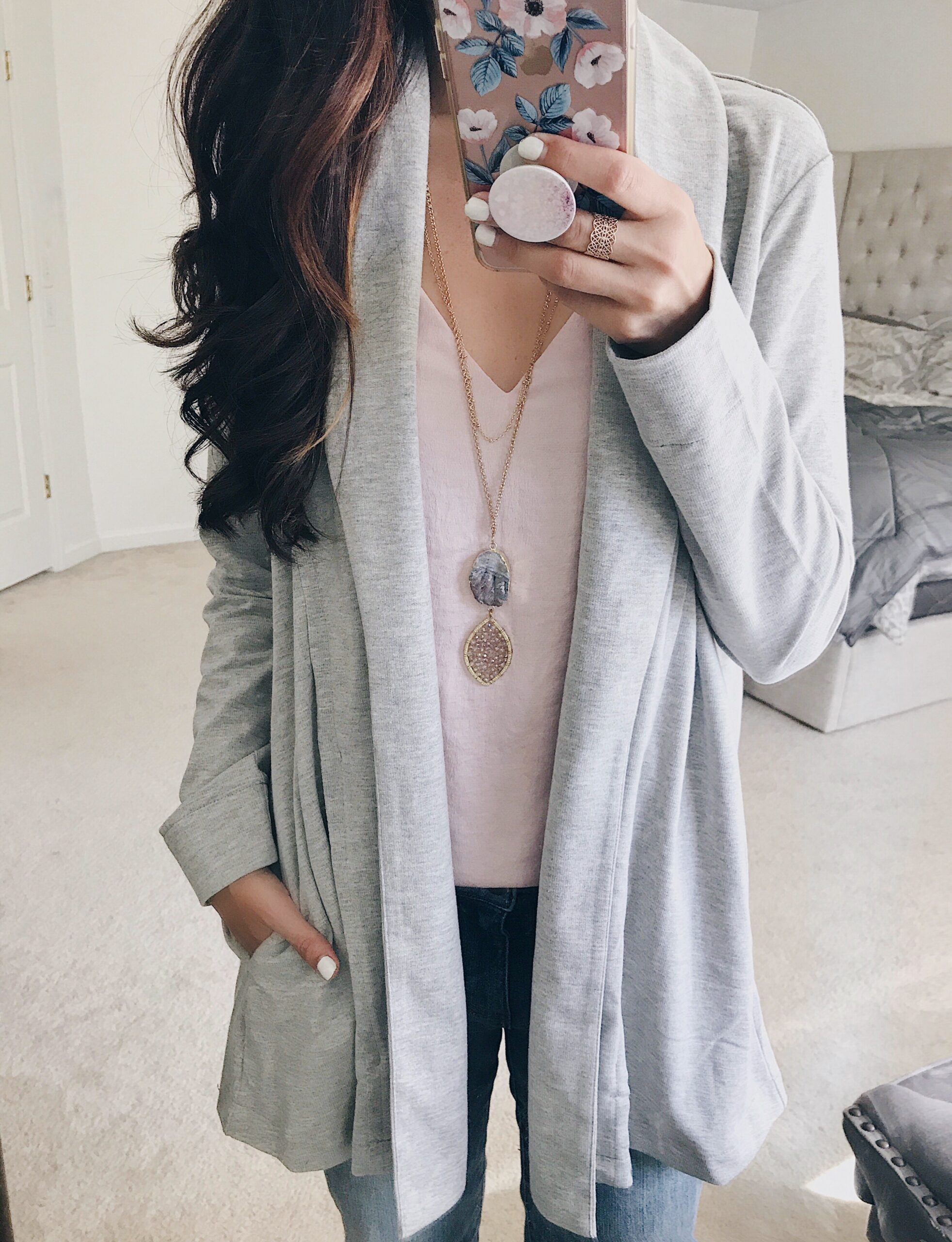 grey shawl cardigan in cute fall outfit