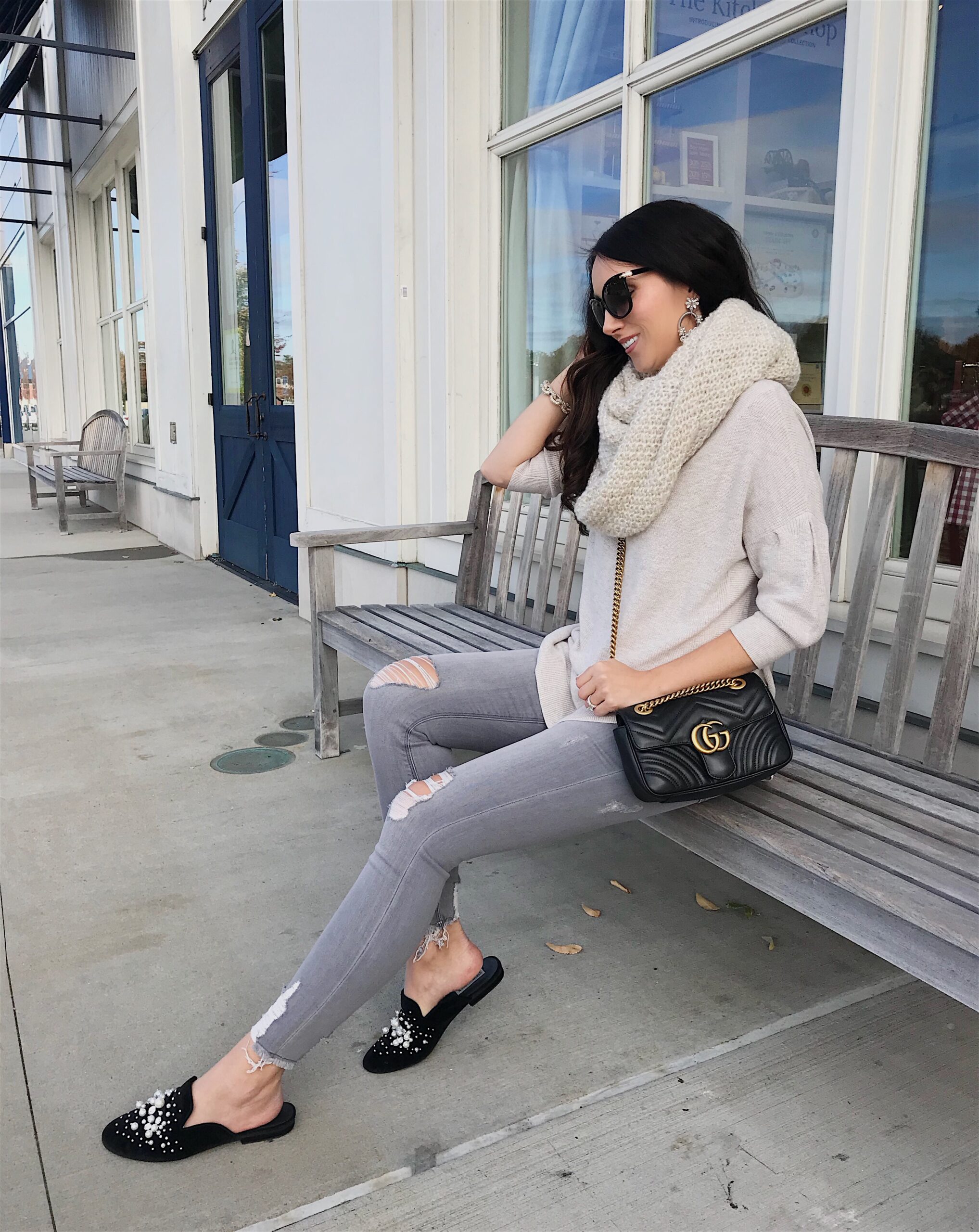 cozy holiday look grey denim chunky scarf