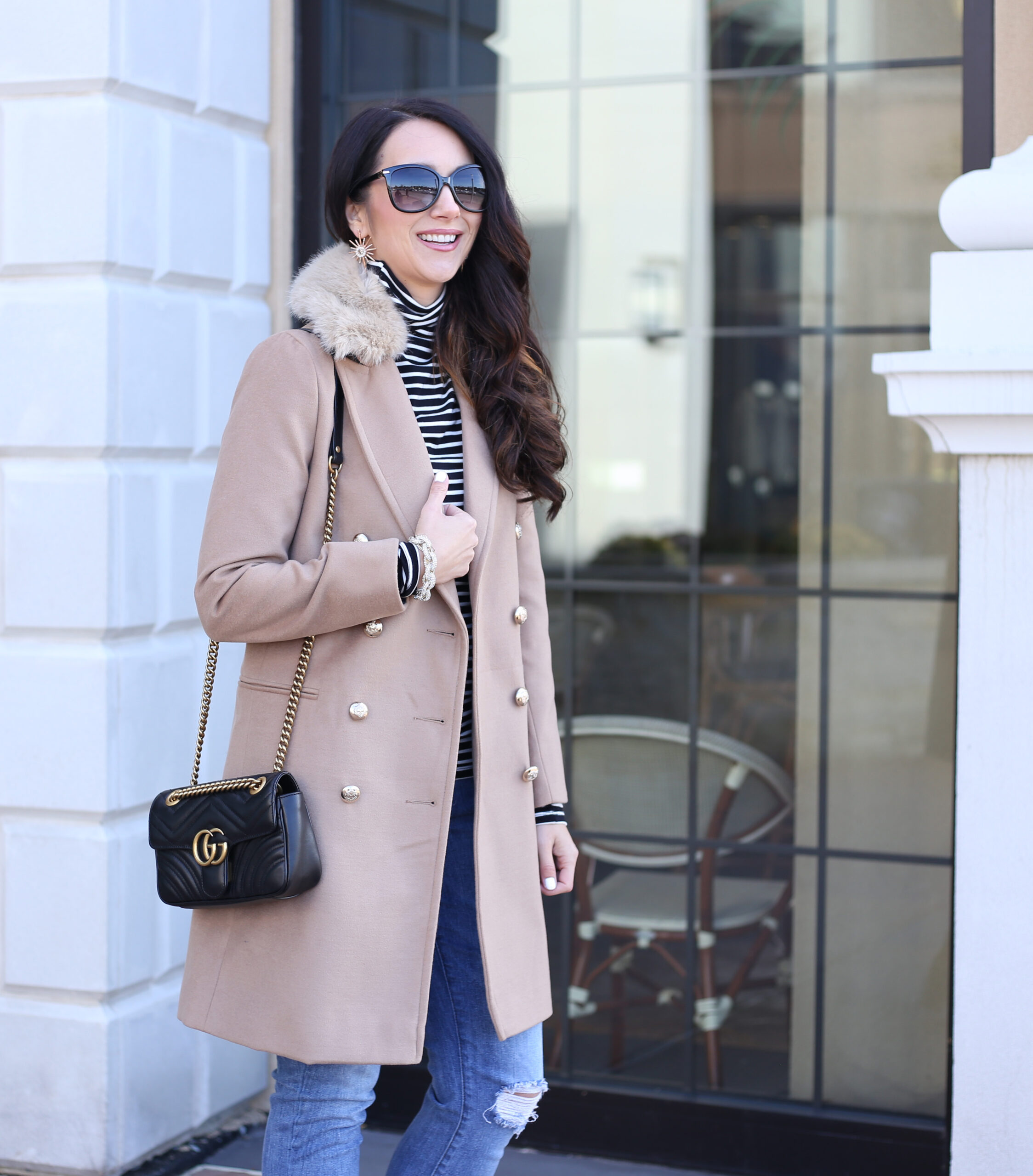 faux fur collar coat, neutral color coat with striped turtleneck and gucci bag, fall outfit inspiration
