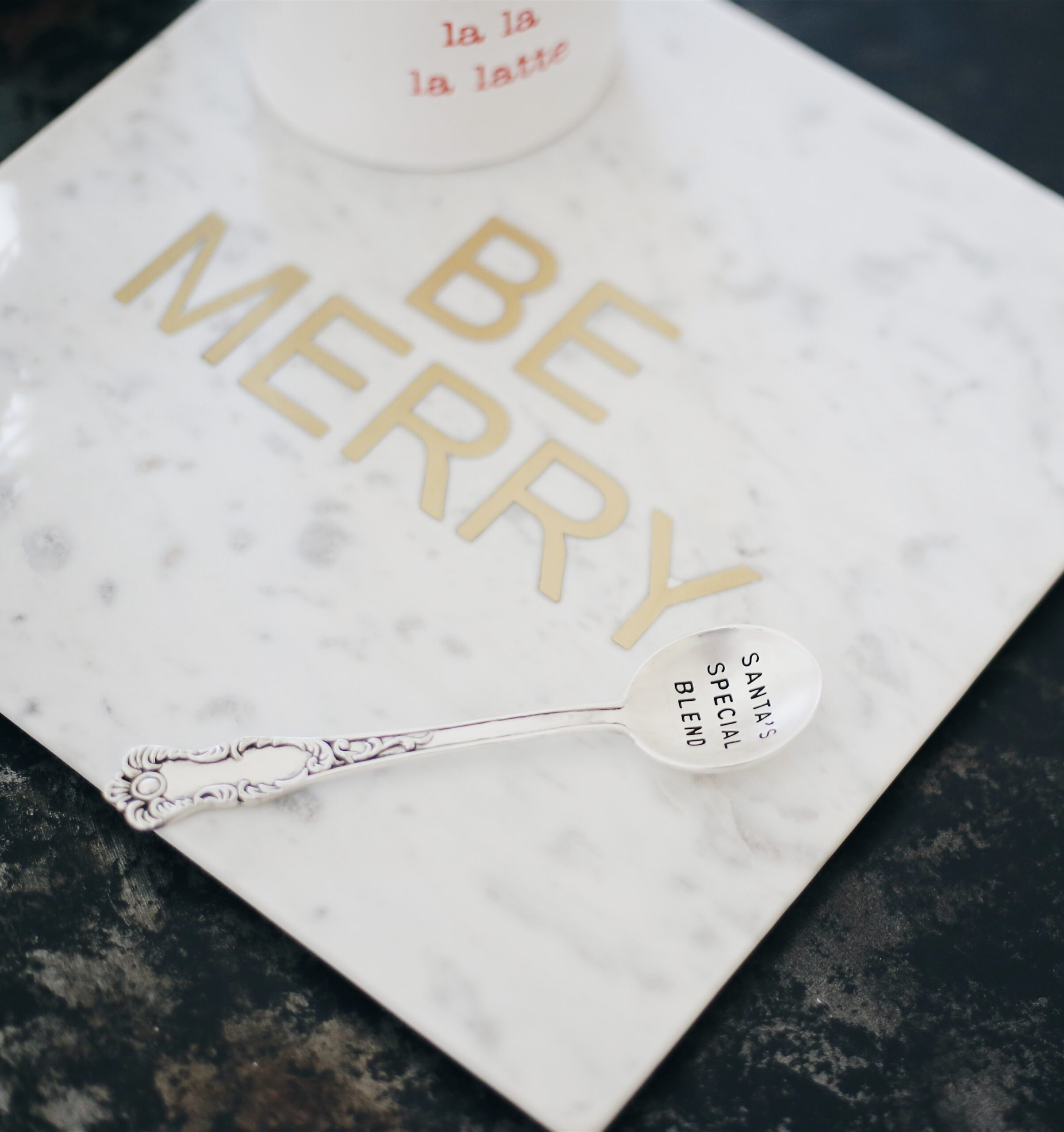 holiday home decor, marble tray, personalized spoon