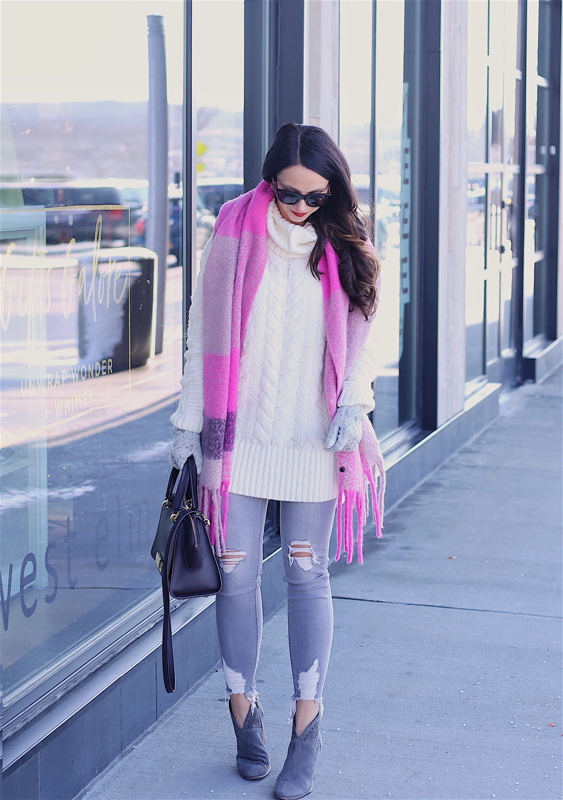 cozy layers, pink blanket scarf, grey jeans, booties, winter outfit