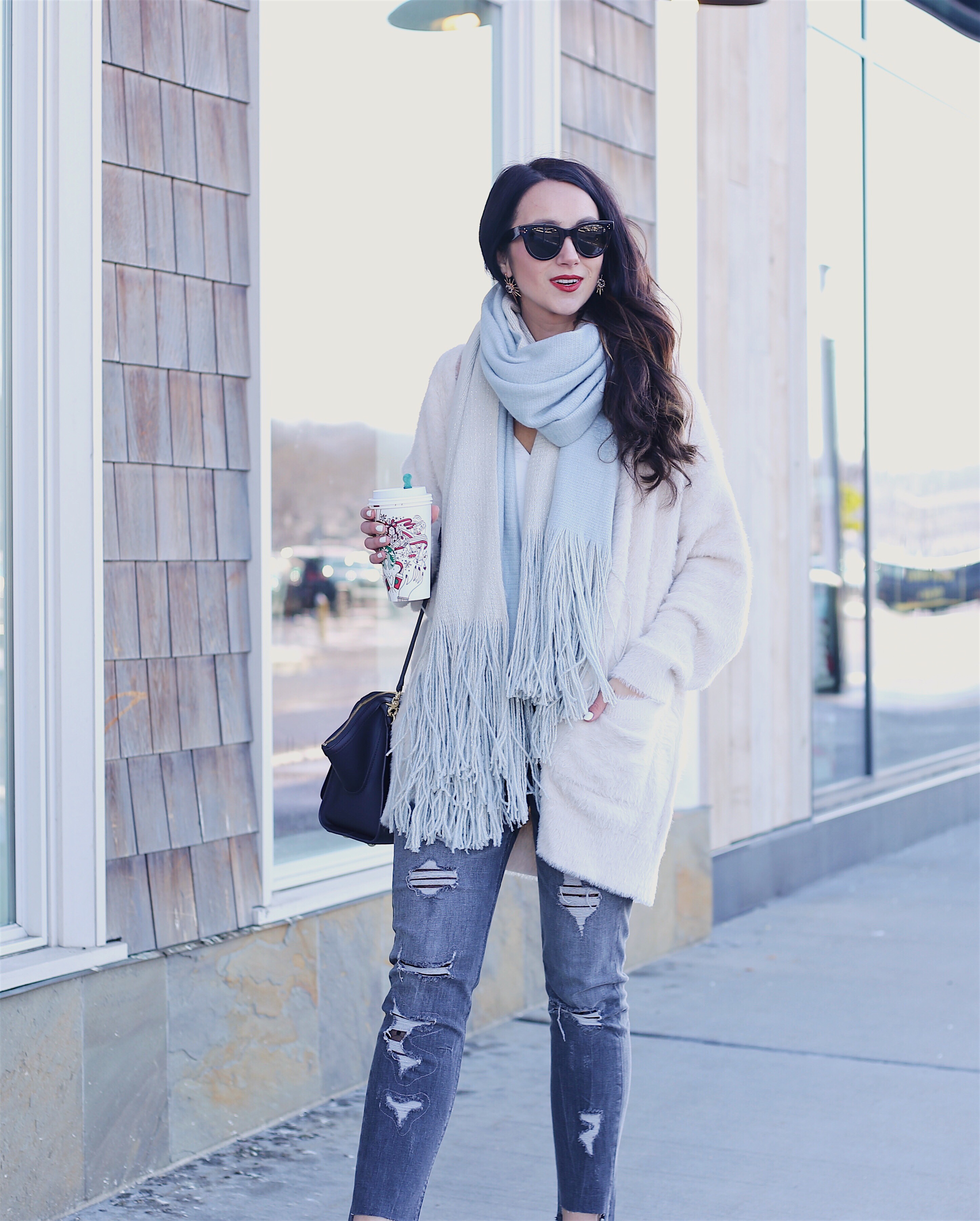 cozy layers winter outfit, blanket scarf