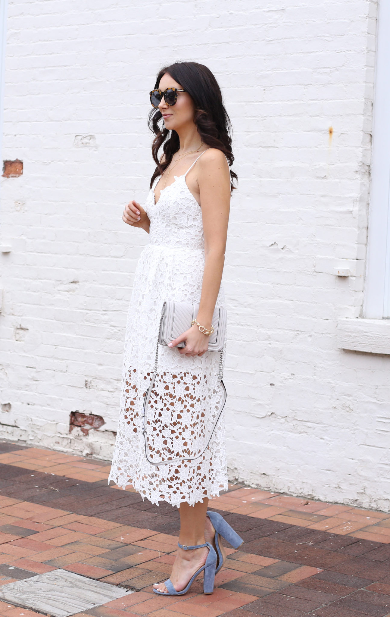 white lace midi dress, easter outfit ideas, bridal shower outfit ideas