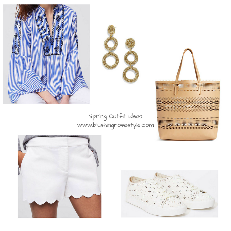 spring outfit ideas, white shorts, scallop hemline