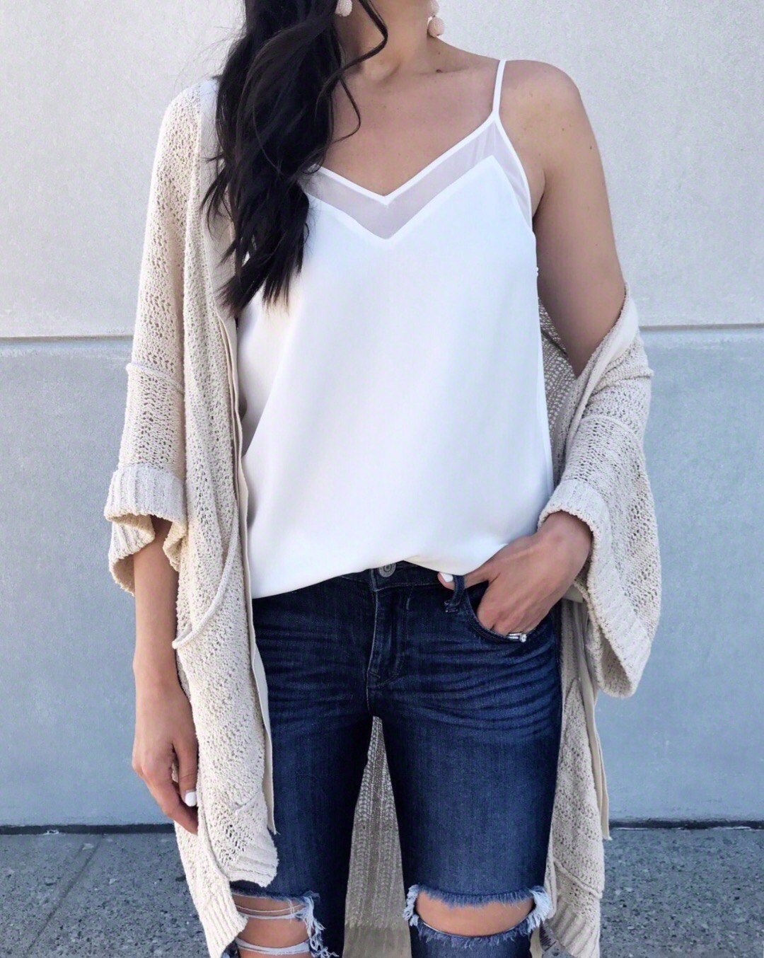 chiffon camisole, cute casual outfit, white camisole outfit with cardigan