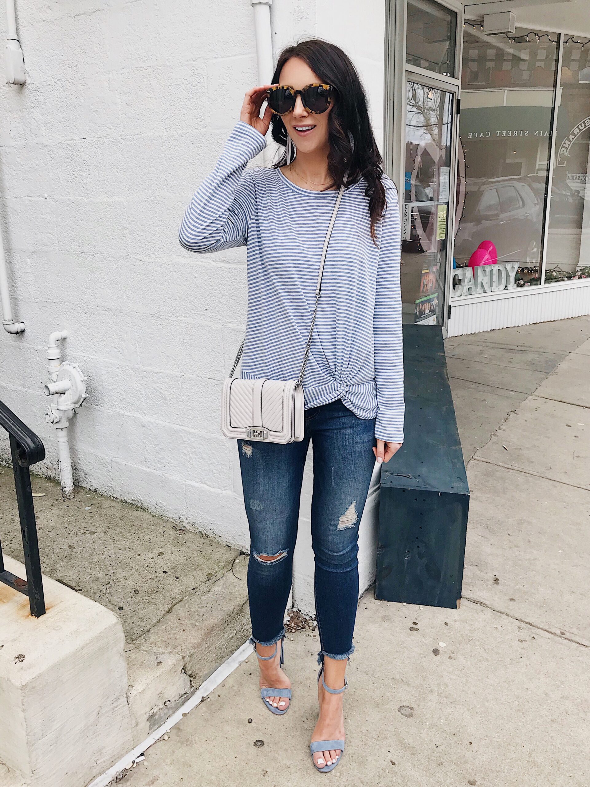 striped tee outfit, spring casual outfit, everyday outfit skinny jeans