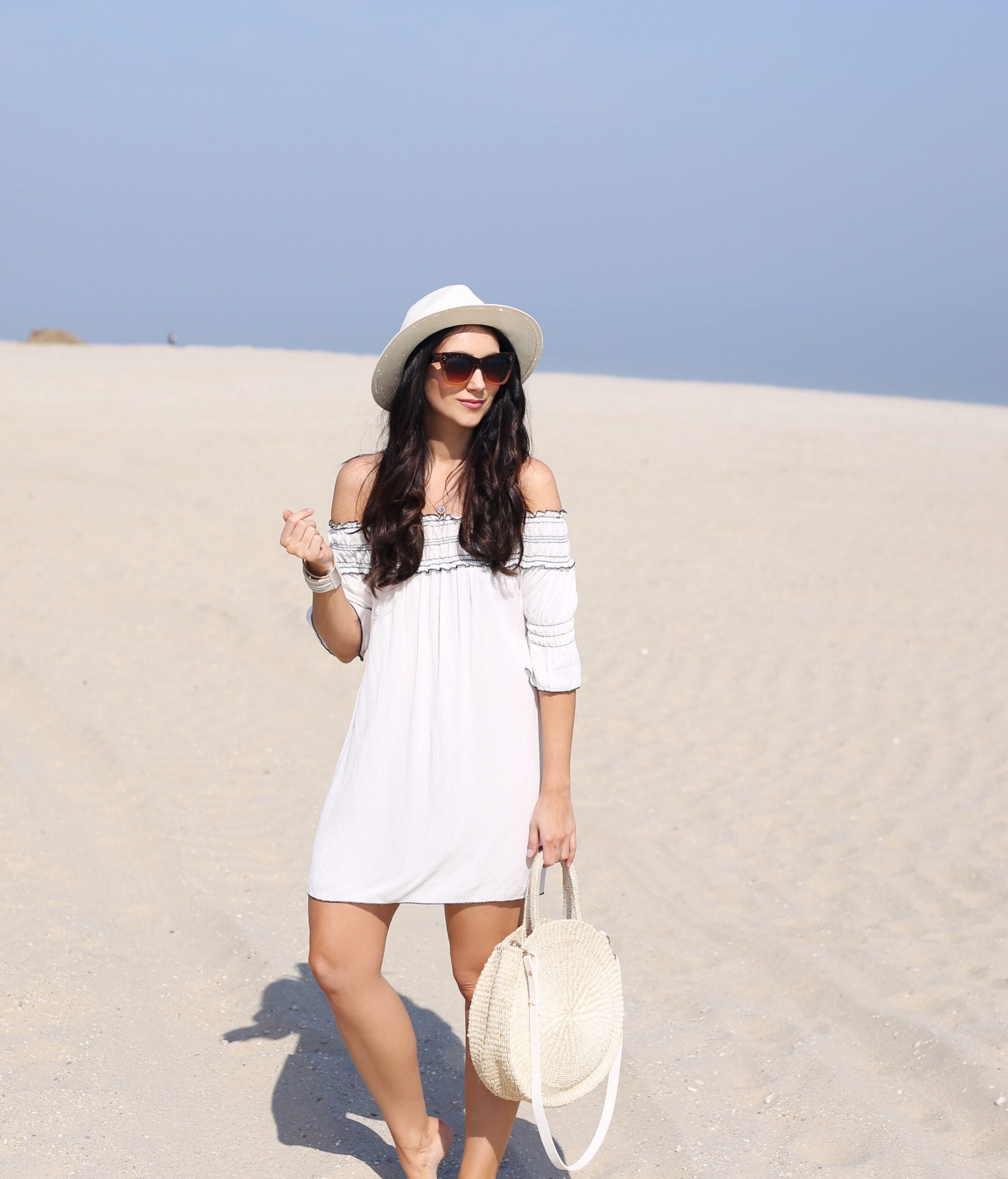 white beach cover up, vacation outfit, beach outfit, off the shoulder