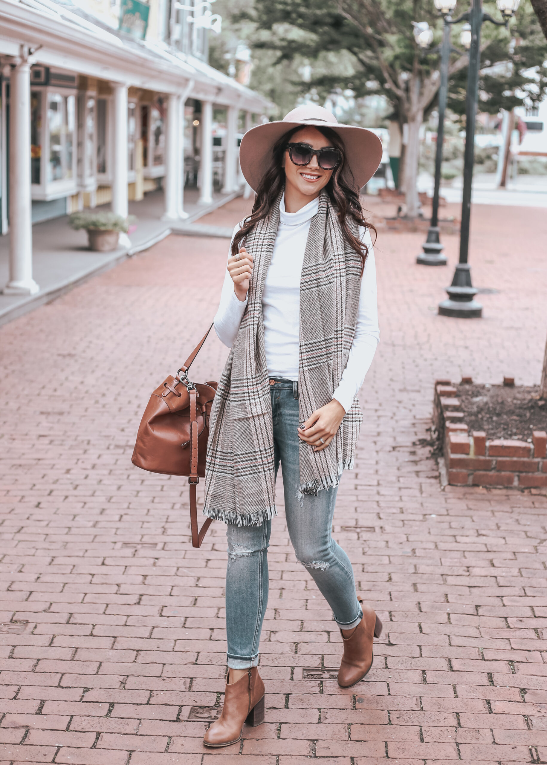 fall outfit, plaid scarf, bucket bag