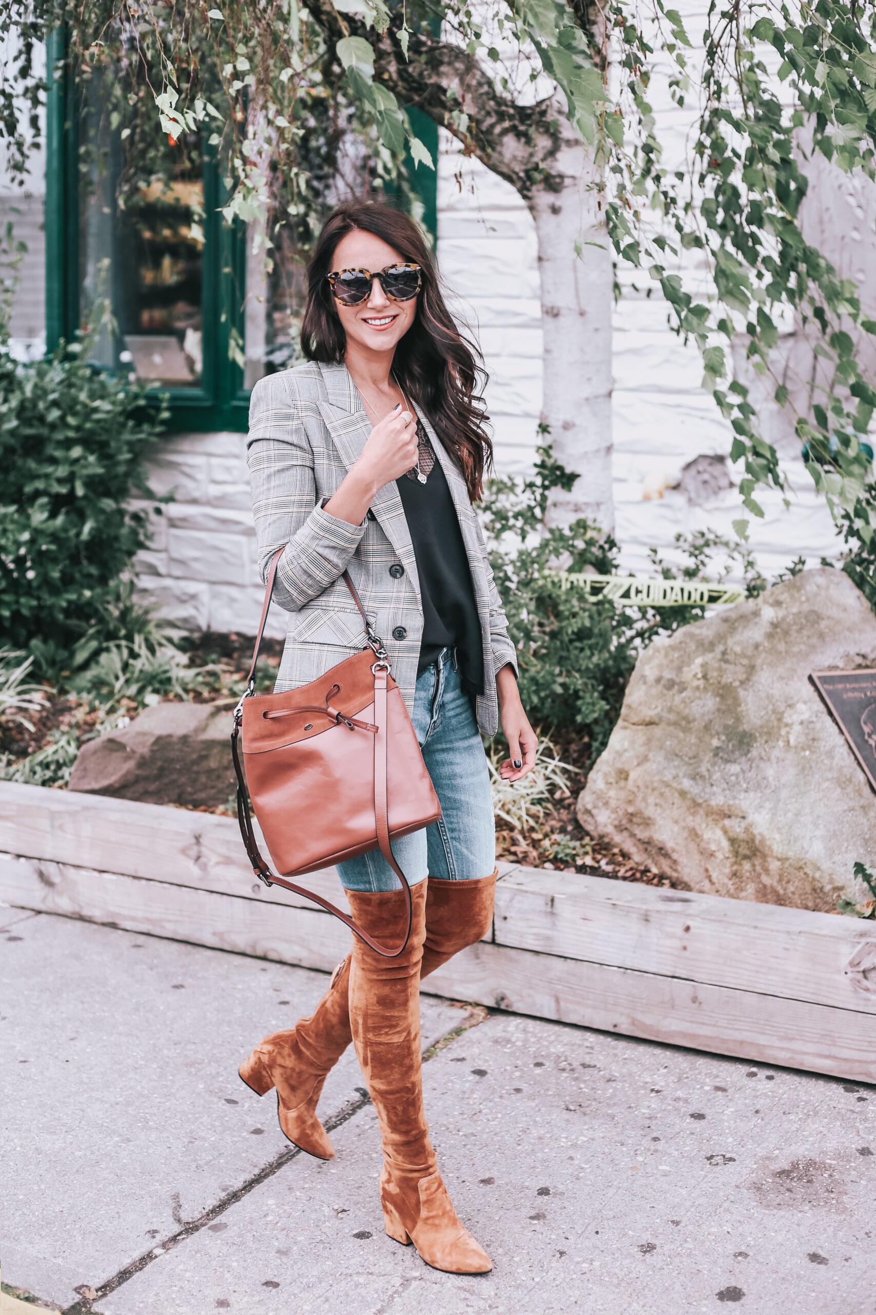 fall fashion, fall outfit trends, fall bucket bag and over the knee boots