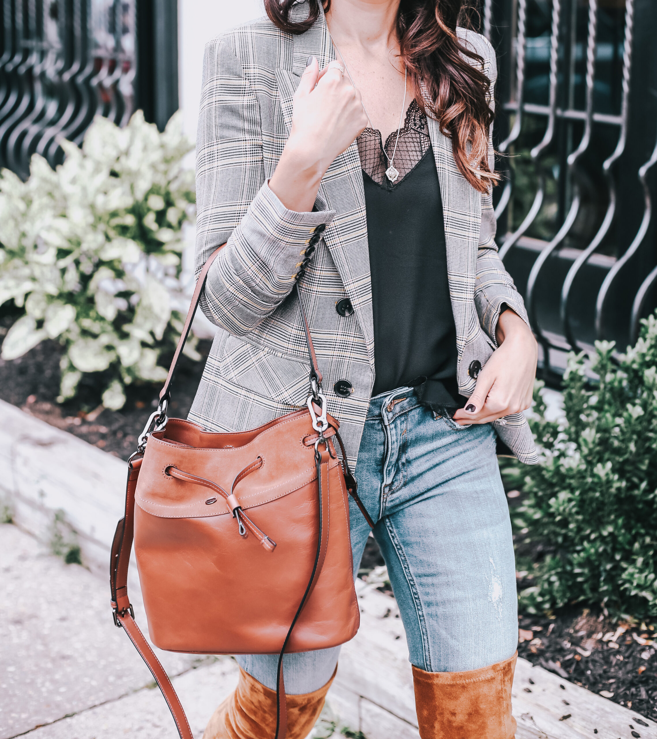 fall outfit with plaid blazer, over the knee boots